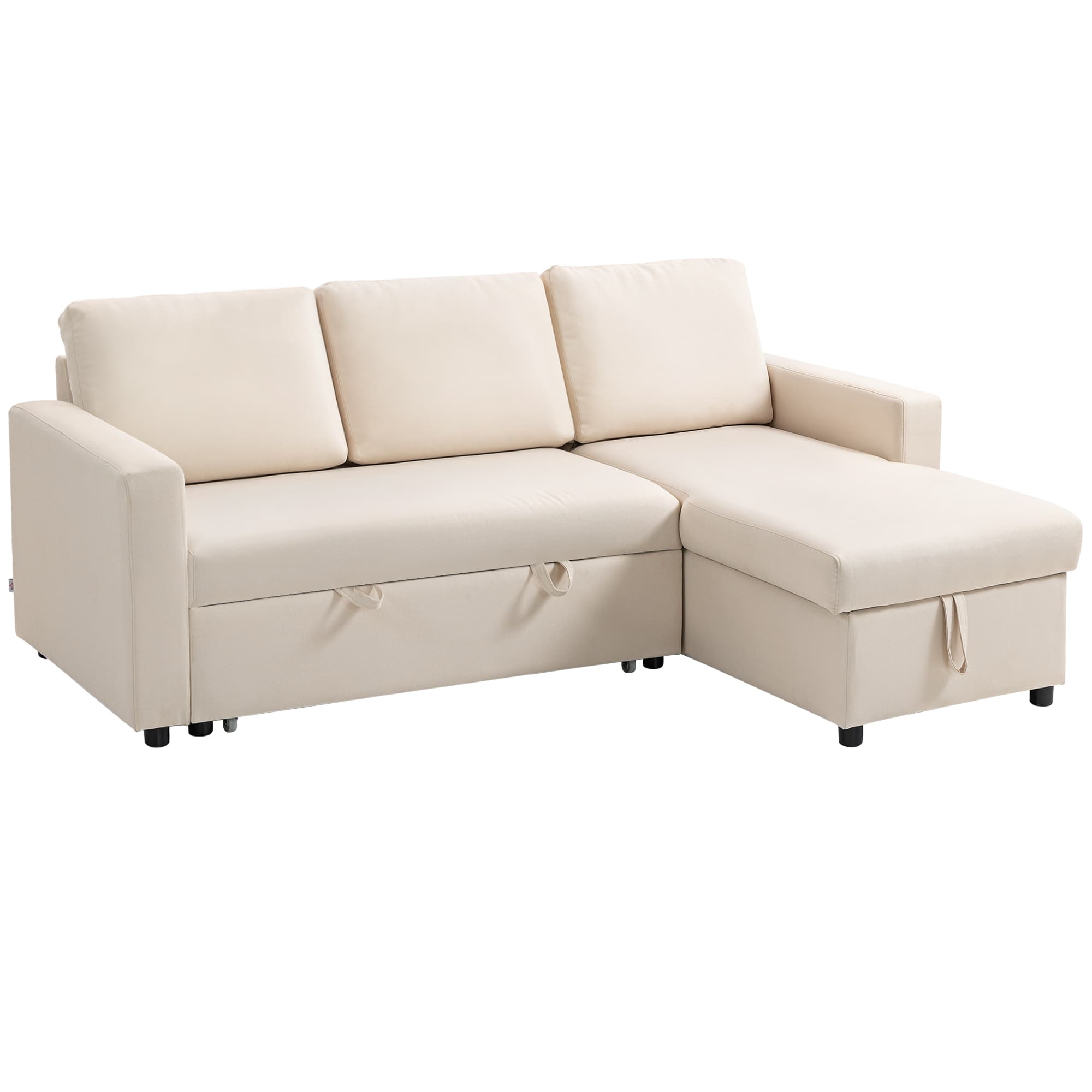 HOMCOM Canapé d'angle convertible modulable avec méridienne réversible, coffre de rangement et 3 coussins de dossier, crème