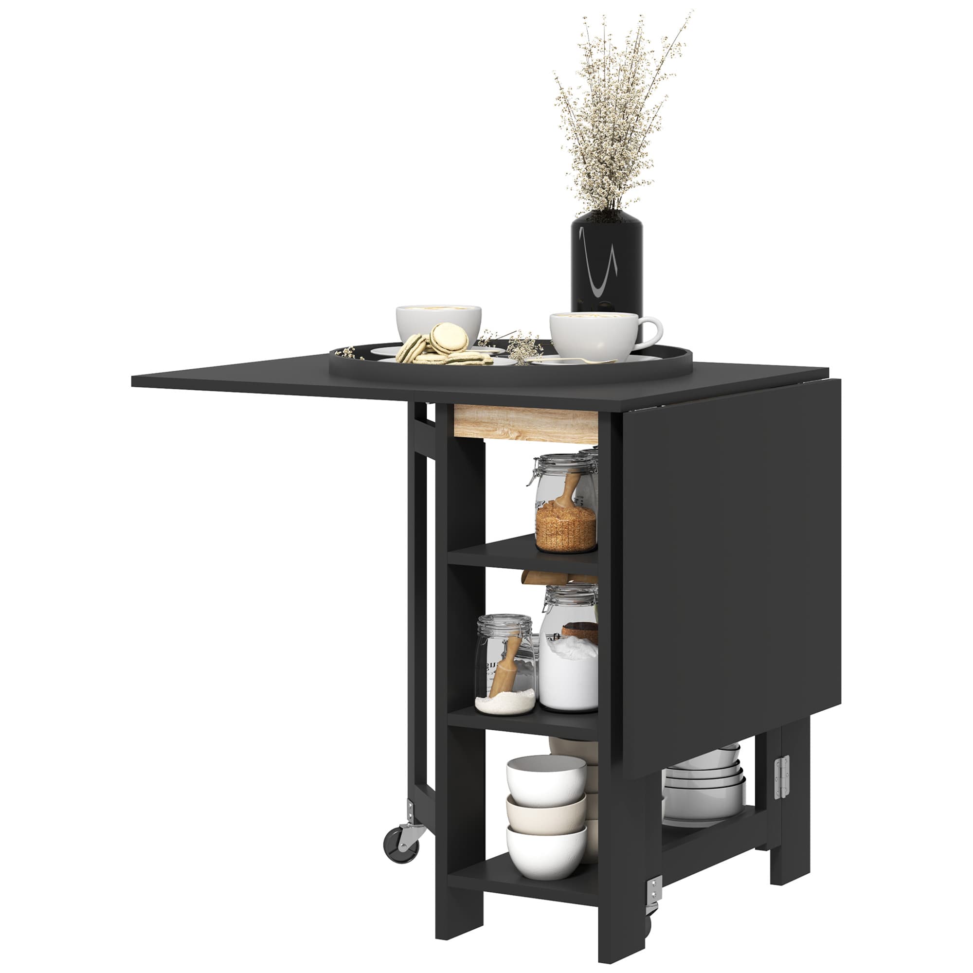 HOMCOM Table de cuisine table de salle à manger pliable amovible 3 étagères 2 abattants design moderne 120 x 60 x 75 cm noir