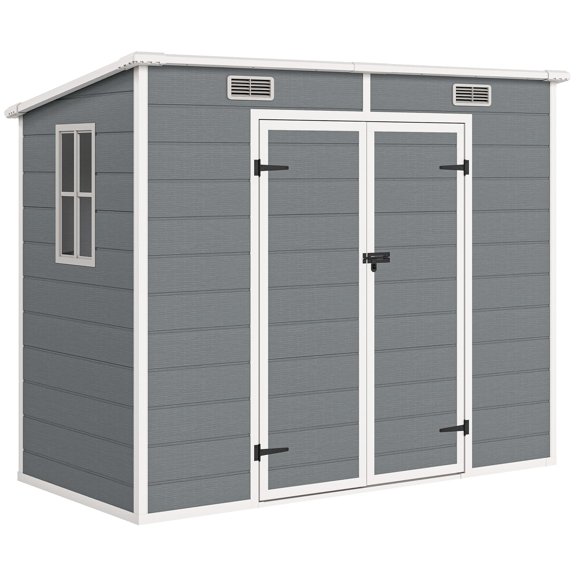 Outsunny Abri de jardin extérieur 2,4 x 1,3 m, en résine avec plancher, fenêtre, portes verrouillables et aérations, gris