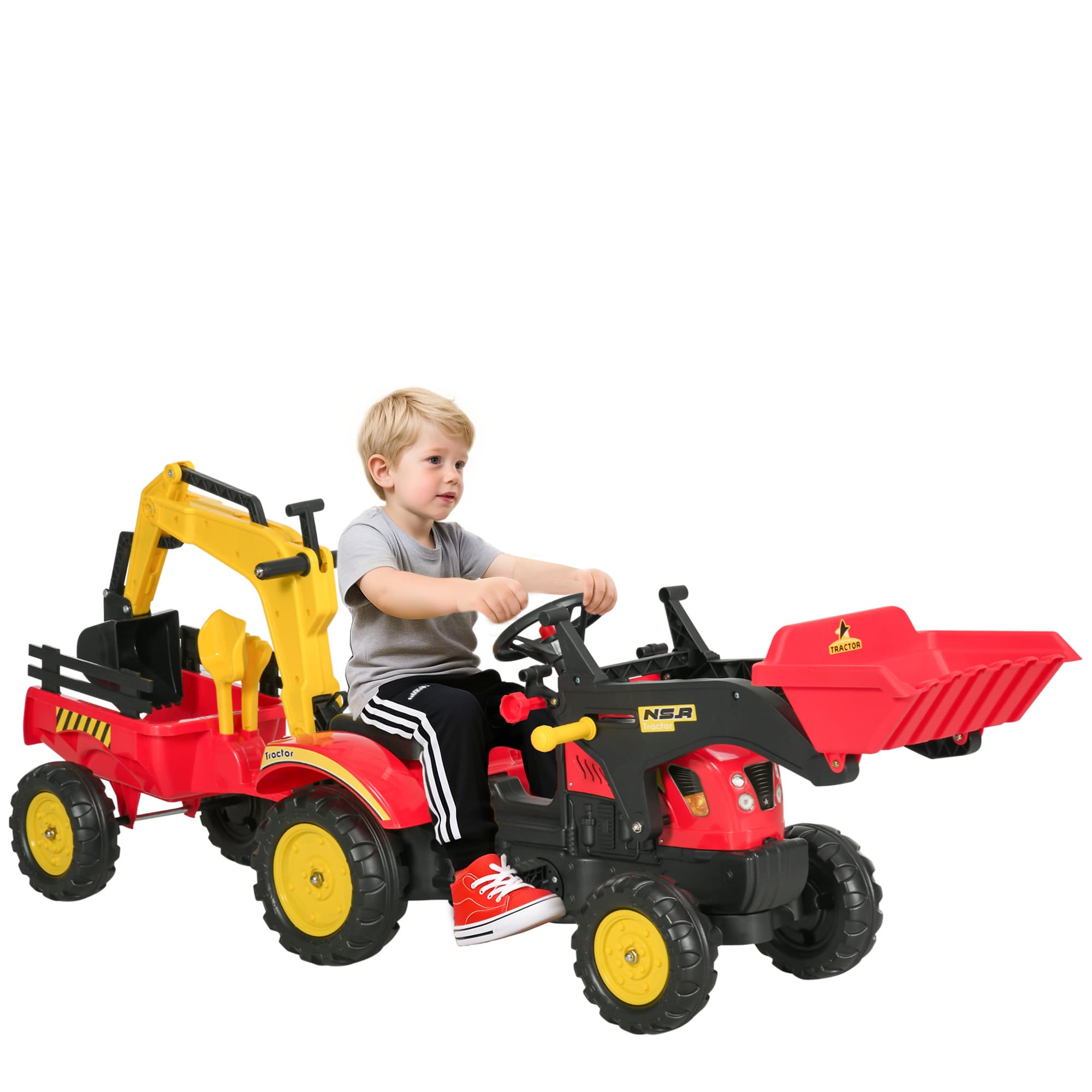 HOMCOM Tracteur à pédales tractopelle Double avec remorque Pelle et rateau Jeu de Plein air Enfants 3 à 6 Ans Rouge Noir