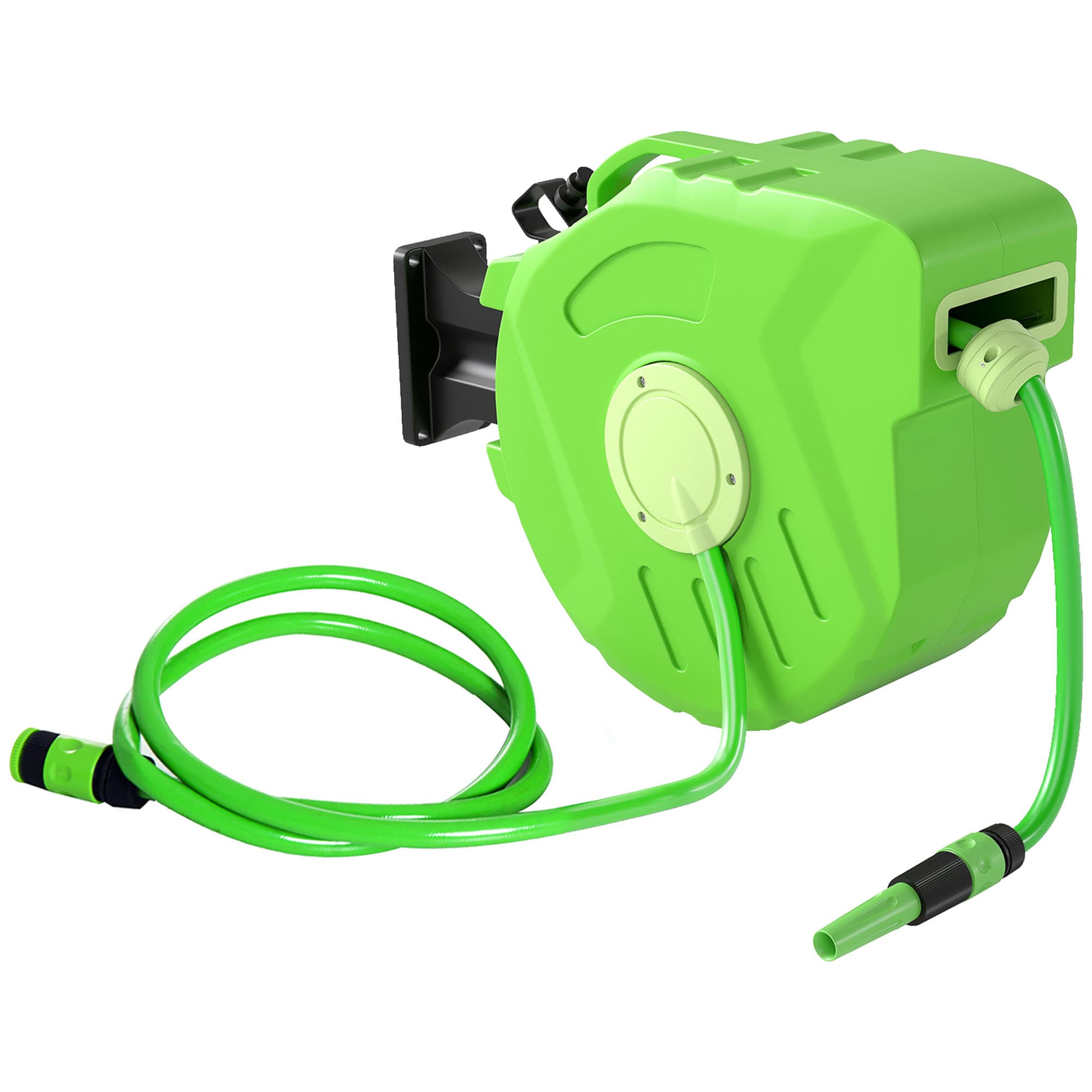Dévidoir Mural Pivotant 180° Enroulage Automatique Tuyau 15 + 1,5 m avec Lance Arrosage Support Mural Intégré Vert