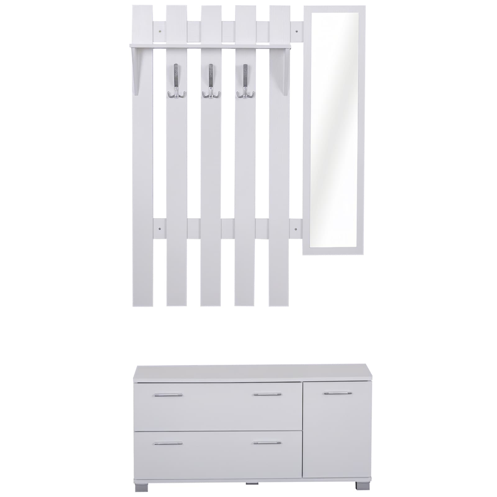 Homcom Ensemble de Meubles d’Entrée Vestiaire d’Entrée Panneau Porte-Manteau Miroir Meuble à Chaussures 3 Patères Triple Étagère Blanc aosom france