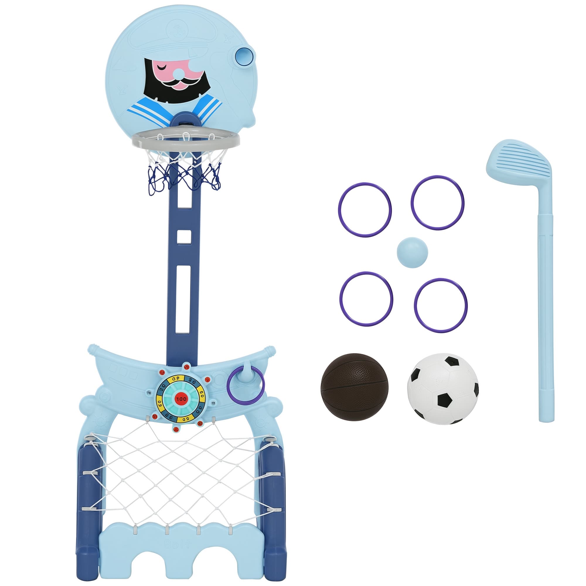 HOMCOM Panier de Basket pour Enfants Boucle Basket-ball Football Golf 4 en 1 Hauteur Réglable Bleu