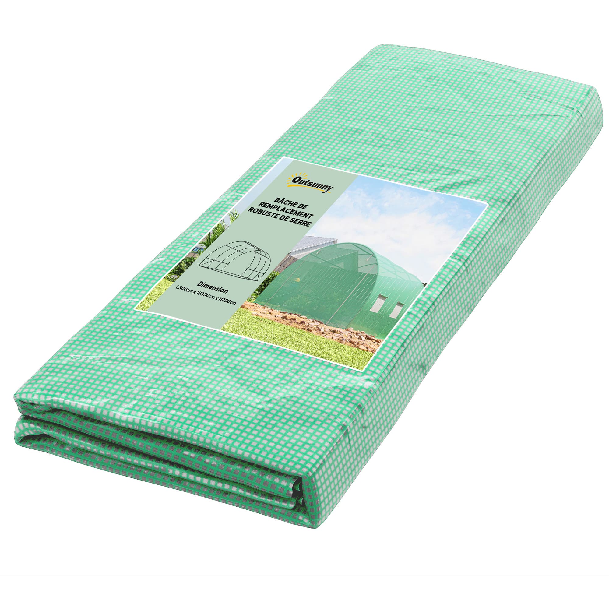 Outsunny Bâche de Rechange Serre Tunnel 9 m2, bâche dim. 3L x 3l x 2H m PE Anti-UV imperméable 6 fenêtres + Porte Enroulable zippée Vert