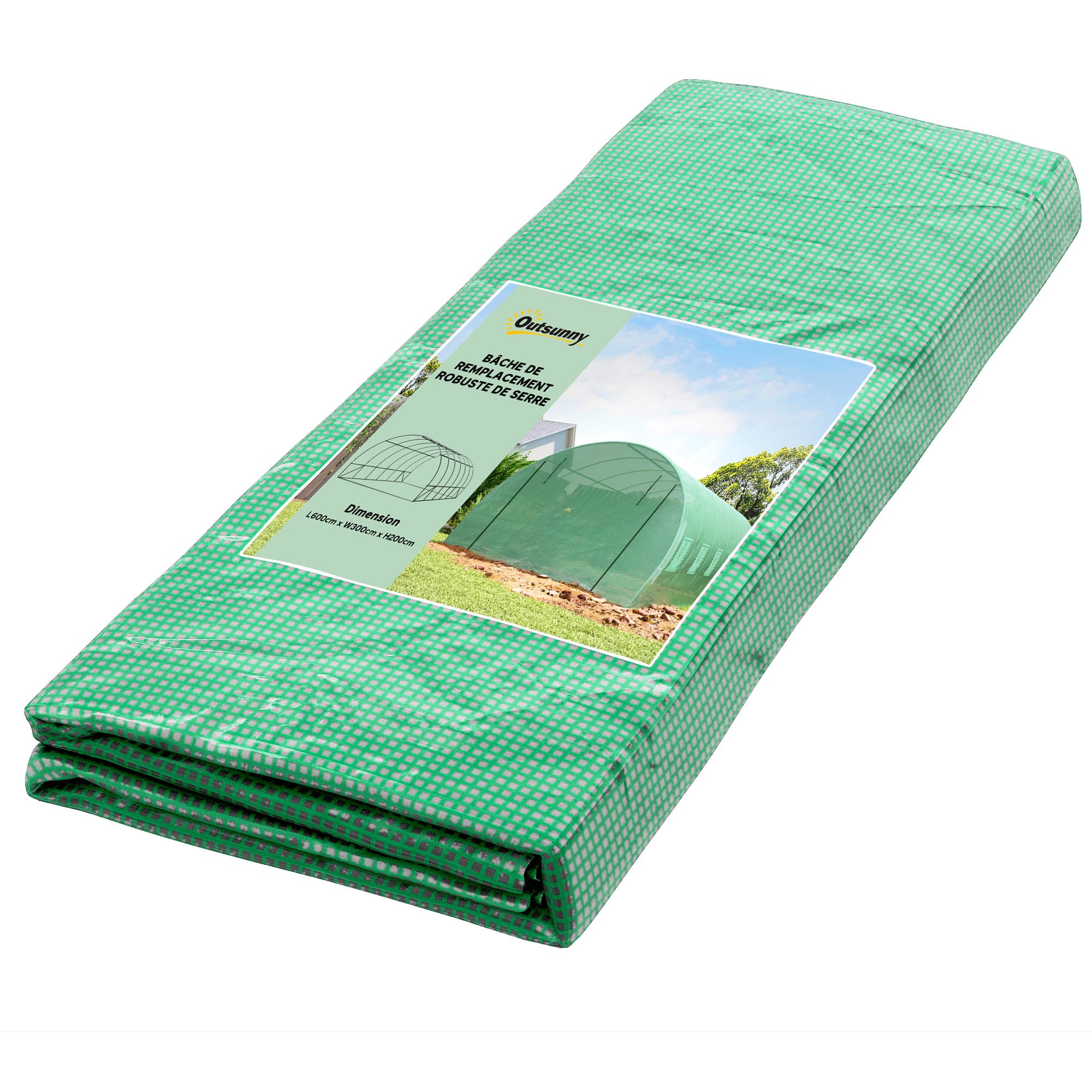 Outsunny Bâche de Rechange Serre Tunnel 18 m2, bâche dim. 6L x 3l x 2H m PE Anti-UV imperméable 12 fenêtres + Porte Enroulable zippée Vert
