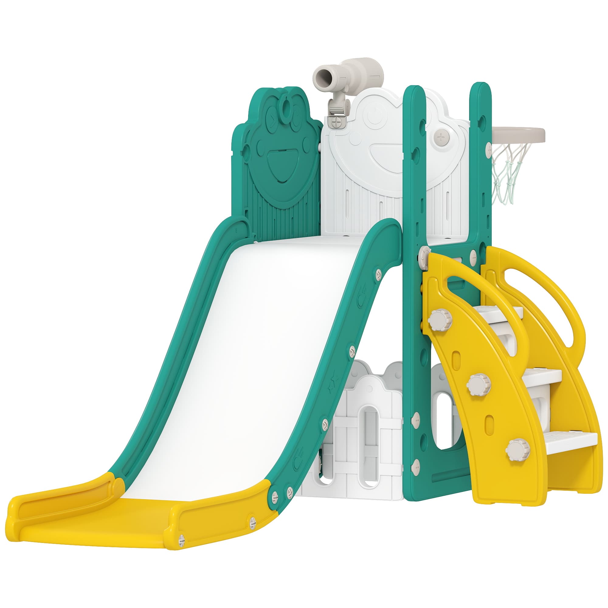 AIYAPLAY Toboggan pour tout-petits 5 en 1 toboggan autoportant pour enfant avec panier de basket, télescope, 178x70x86cm, jaune