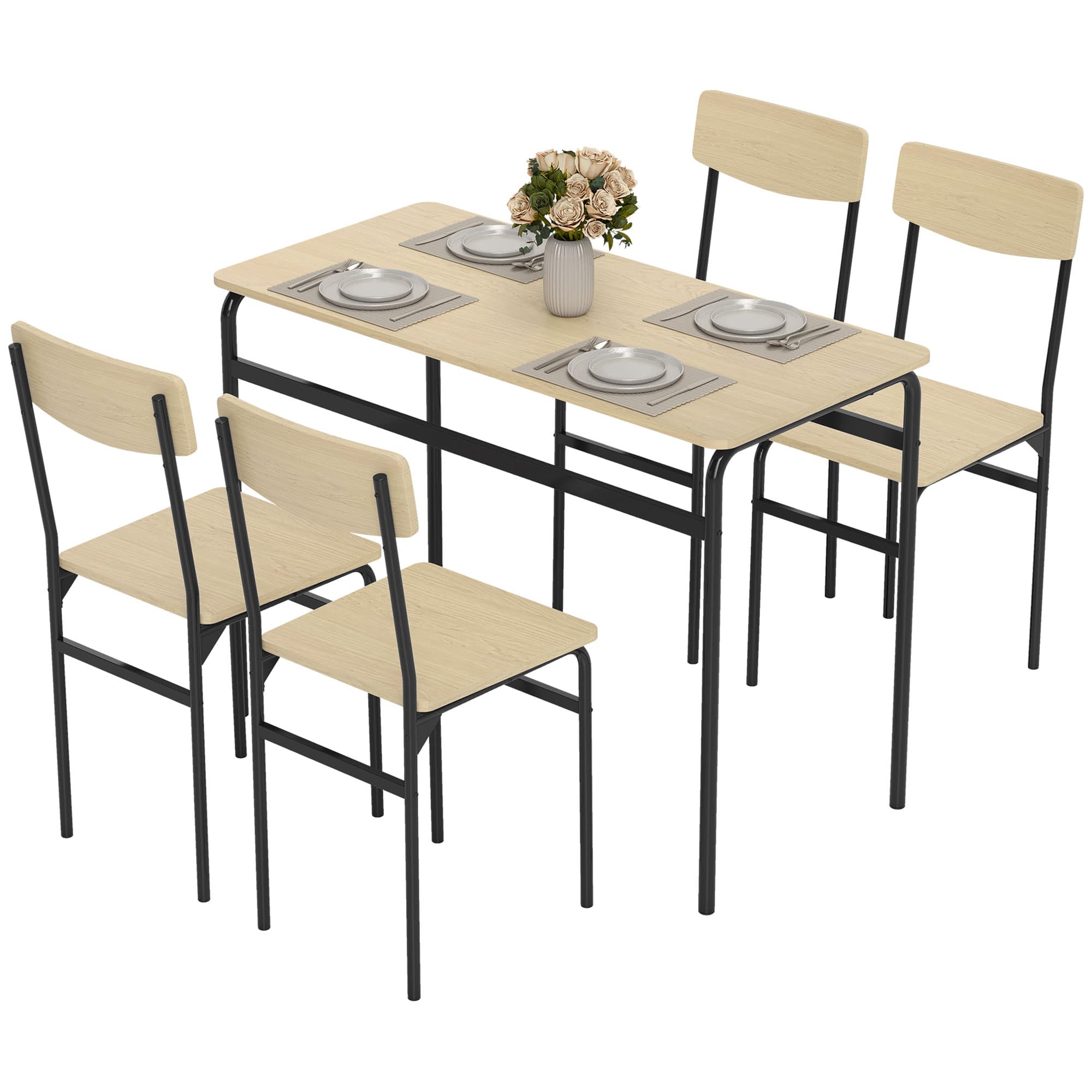 HOMCOM Ensemble de Salle à Manger 5 Pièces avec Table Rectangulaire et 4 Chaises de Salle à Manger, en Bois et Métal, Noir et Couleur Bois
