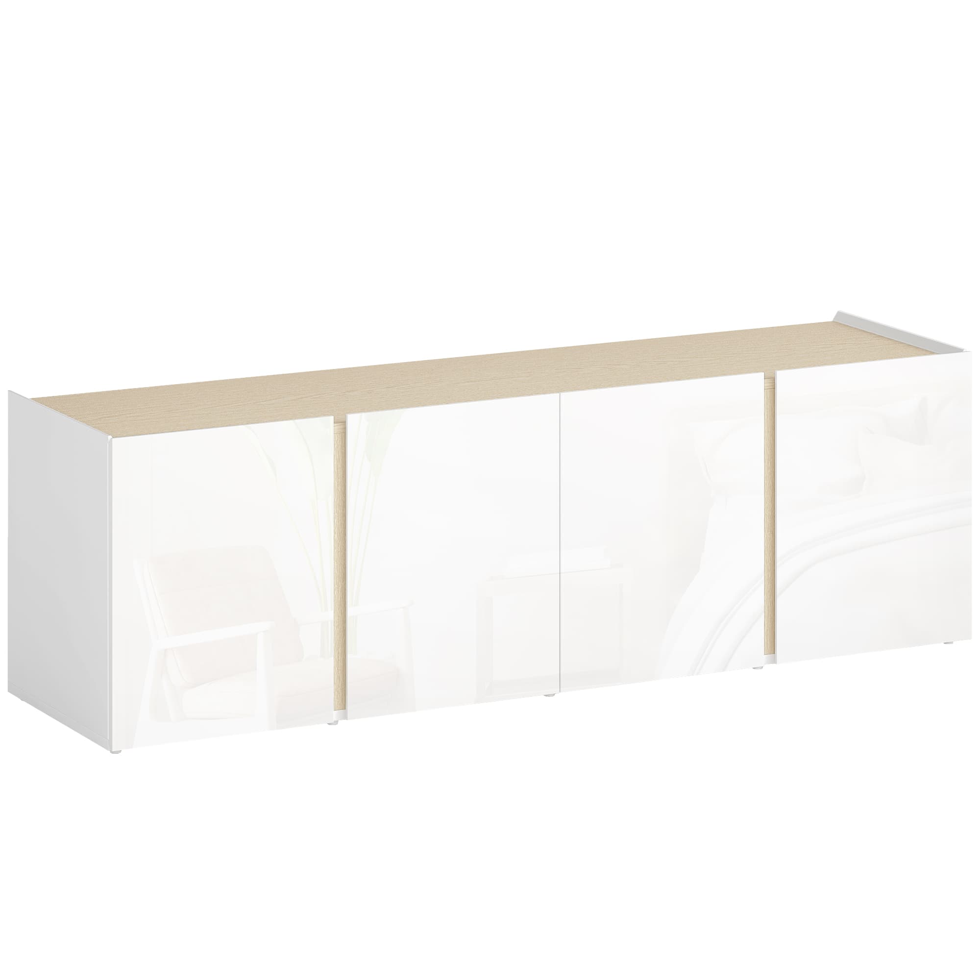 HOMCOM Meuble TV, banc TV avec 4 portes à fermeture amortie, étagère réglable et passe-câbles, 135 x 38 x 45 cm, blanc