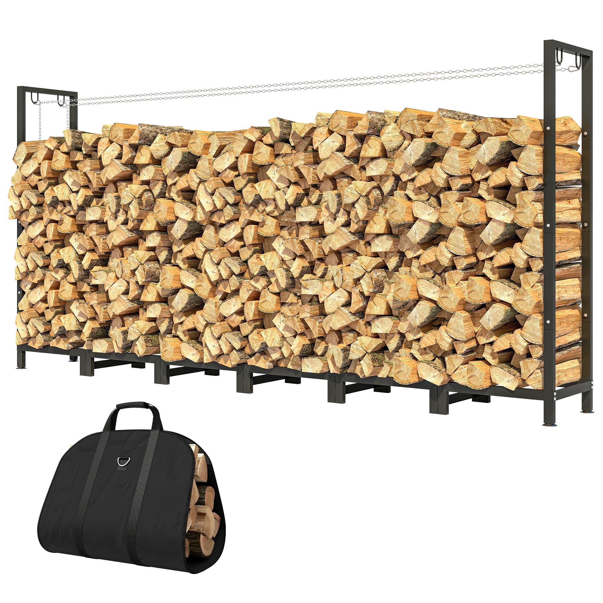 Outsunny Range-Bûches de 0,8m3 Réglable avec Housse Imperméable et Chaînes en Acier, 235x31x116 cm, Noir