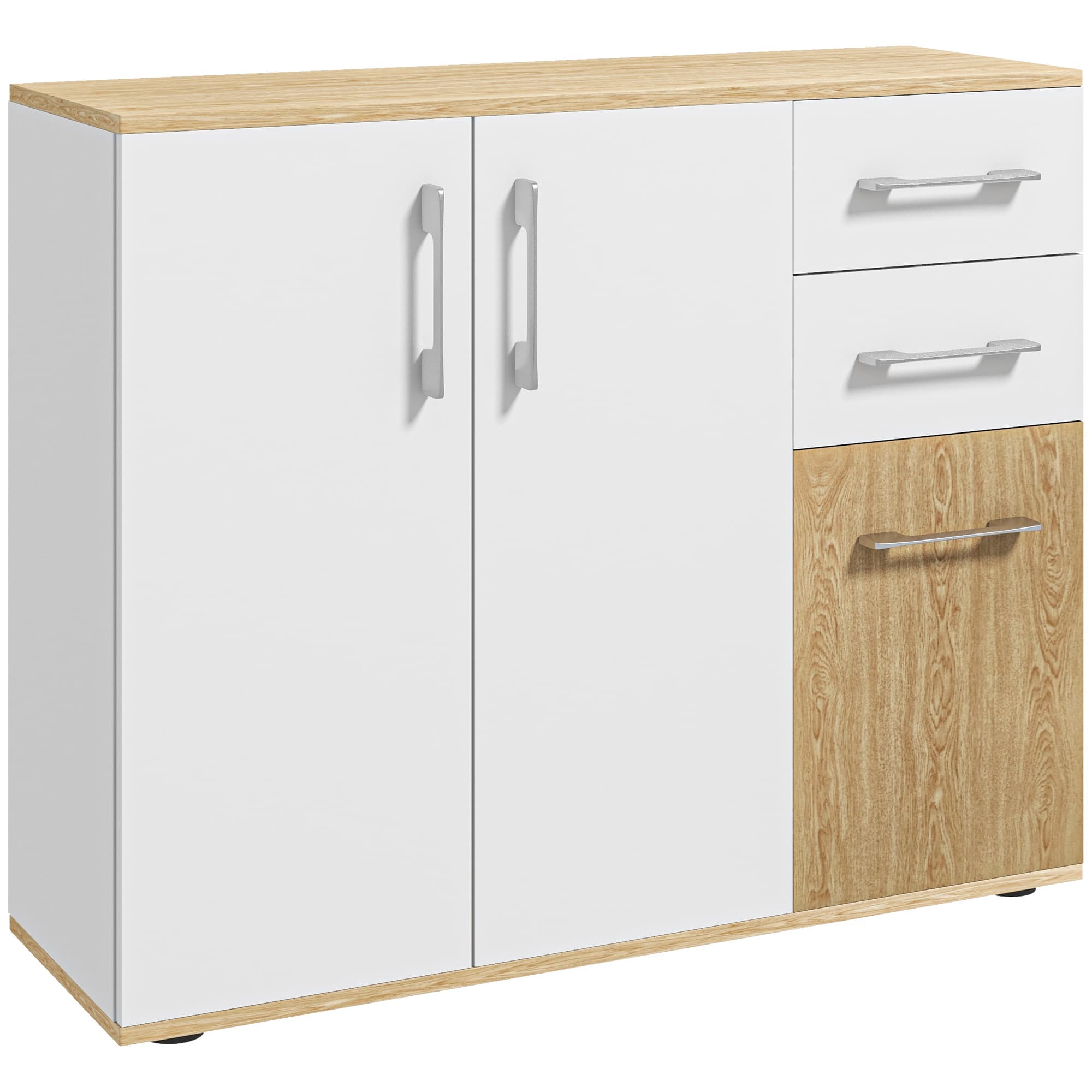 HOMCOM Buffet, meuble de rangement avec 3 portes, 2 tiroirs et étagère réglable, 90 x 30 x 75,5 cm, blanc et bois naturel