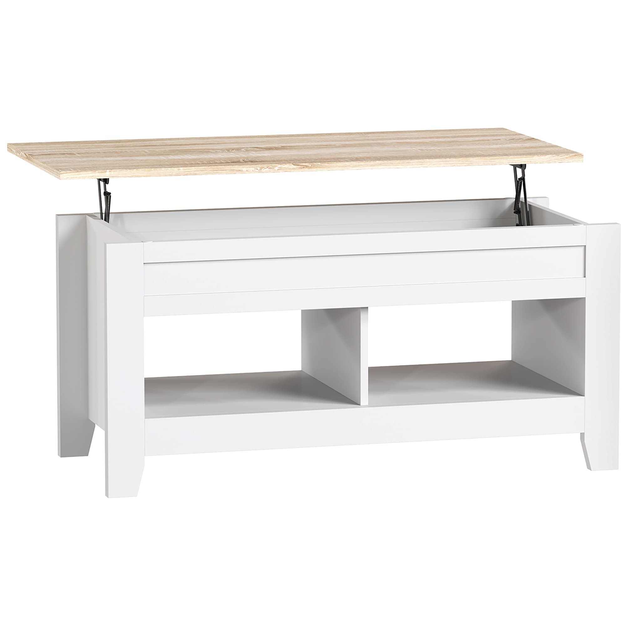 HOMCOM Table basse plateau relevable, table de salon avec étagères et compartiment caché,105 x 50 x 49-62,5 cm blanc