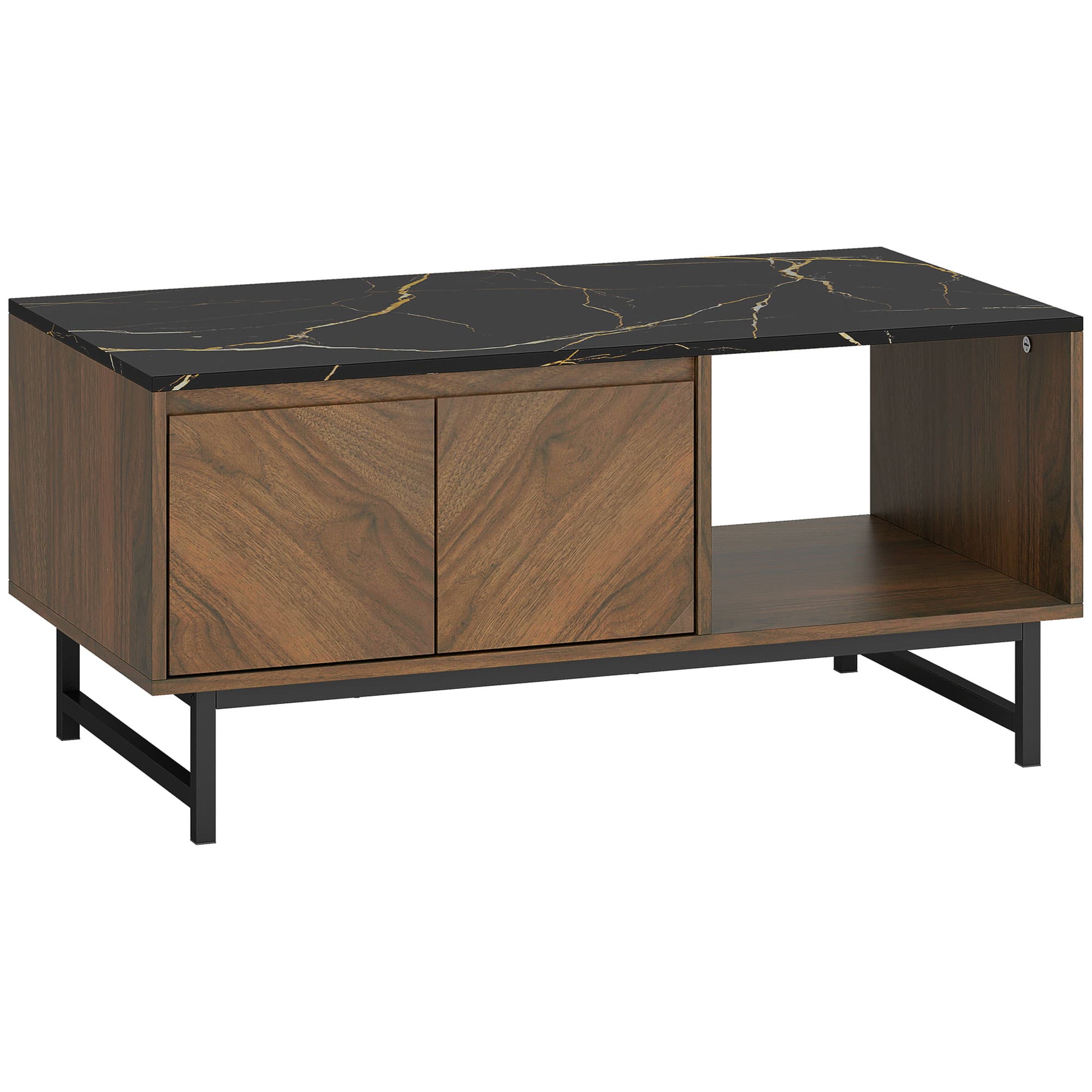 HOMCOM Table basse, table de salon, plateau effet marbre, 2 portes et 2 niches ouvertes, 100 x 50,8 x 45,7 cm, noyer