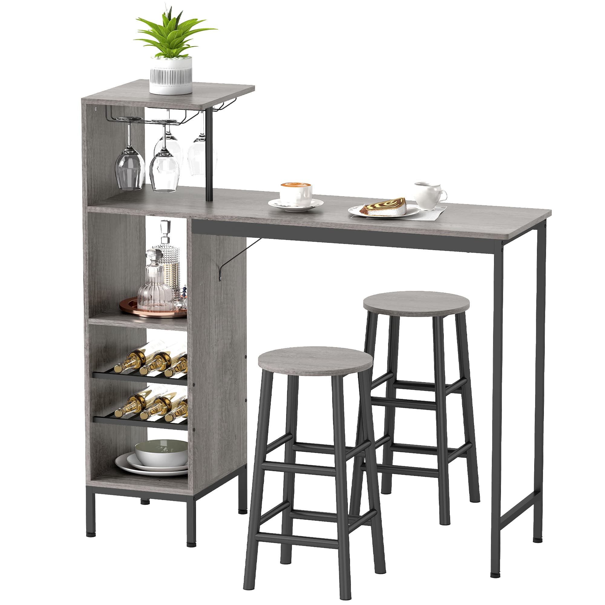 HOMCOM Ensemble table de bar avec tabourets, table à manger debout avec 2 chaises de bar étagères, casiers à vin, bois naturel