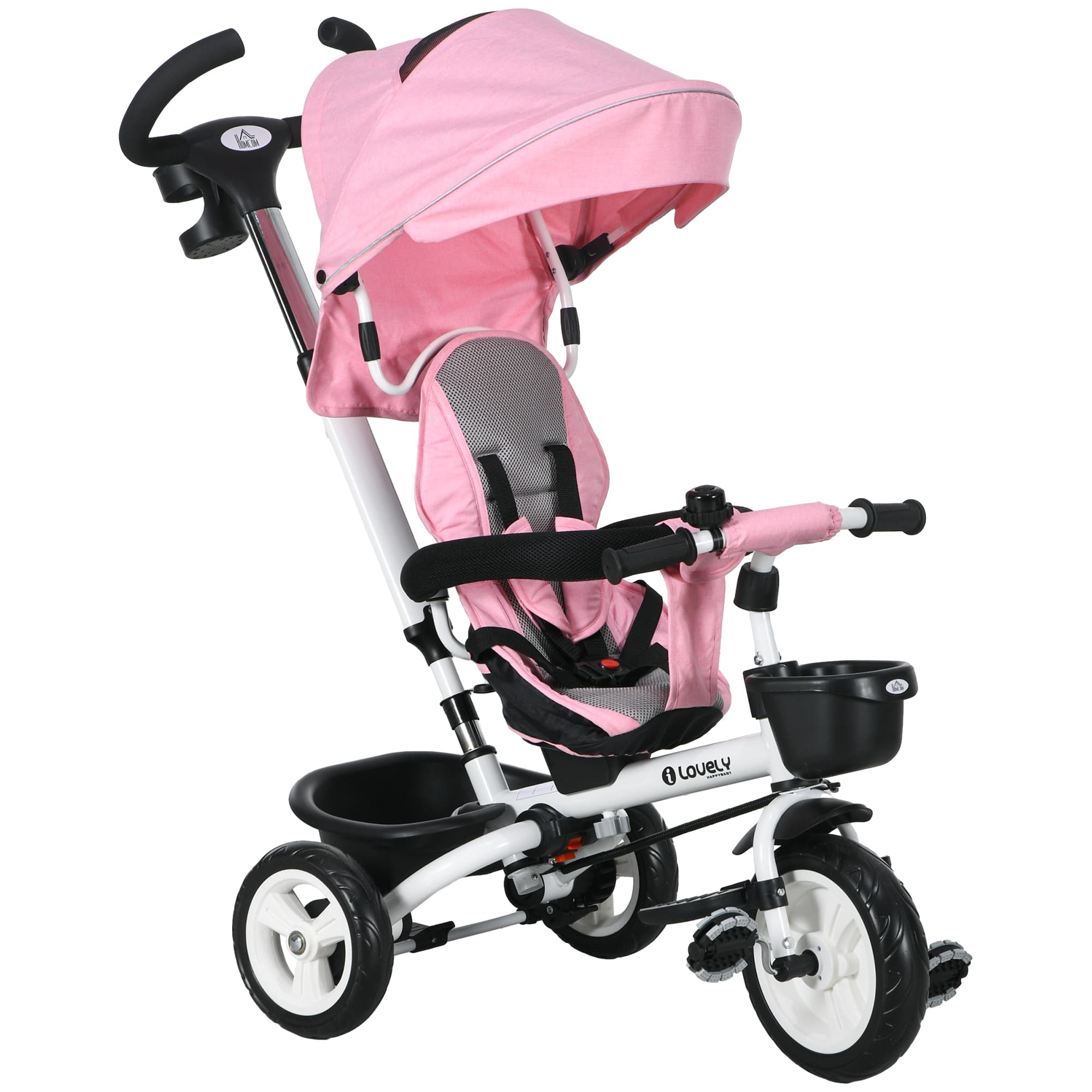 HOMCOM Tricycle bébé évolutif 6 en 1, tricycle enfant pliable, poignée parentale, siège réversible, 112x50x104cm, rose