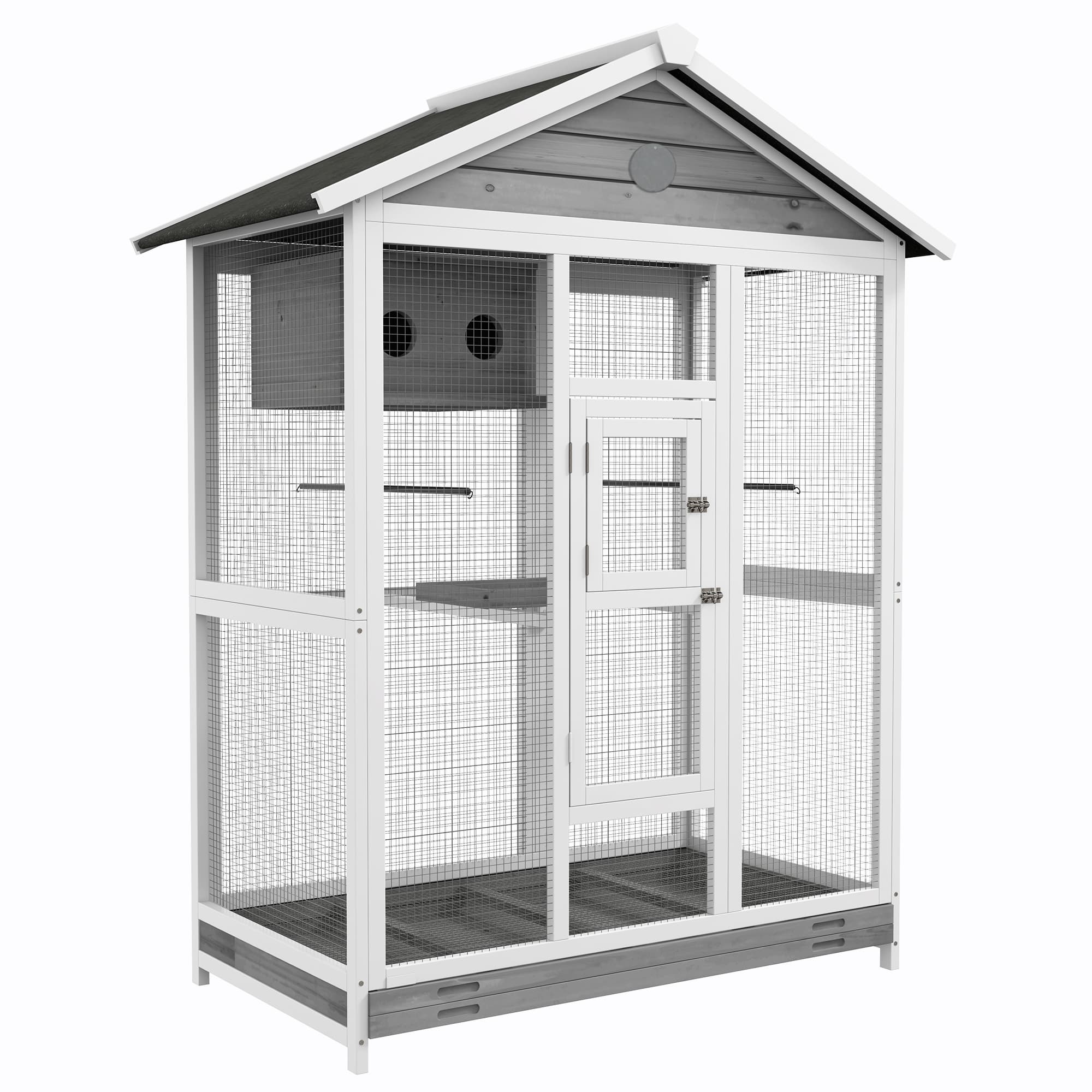 PawHut Grande cage oiseau volière à oiseaux intérieur exterieur, 4 perchoirs bac à litière coulissant 112 x 68 x 154 cm gris
