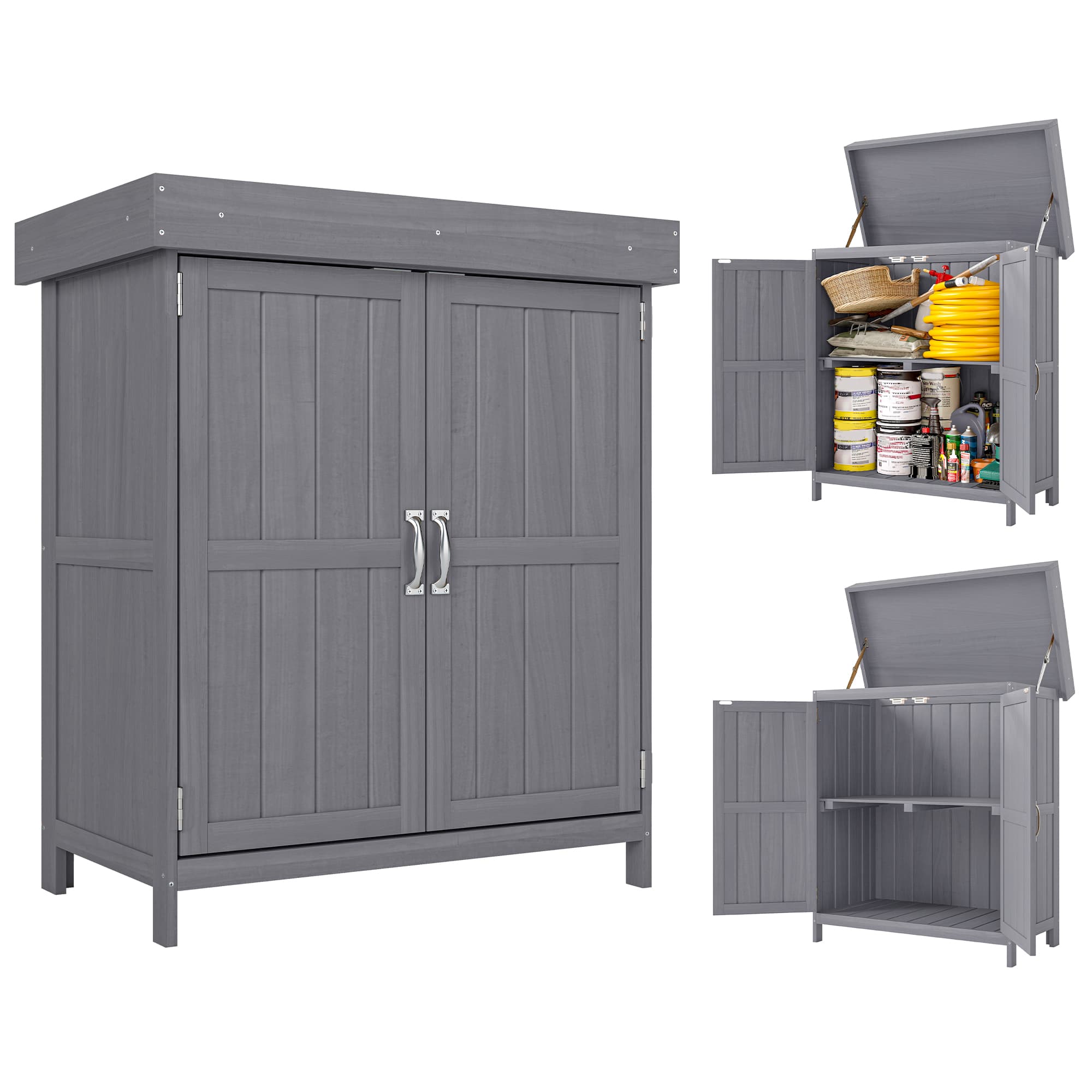 Outsunny Petit Cabanon & Chale de Jardin en Bois Massif de Sapin Double Porte Étagère et Toit bitumé Relevable 74x43x88cm Gris foncé Aosom France