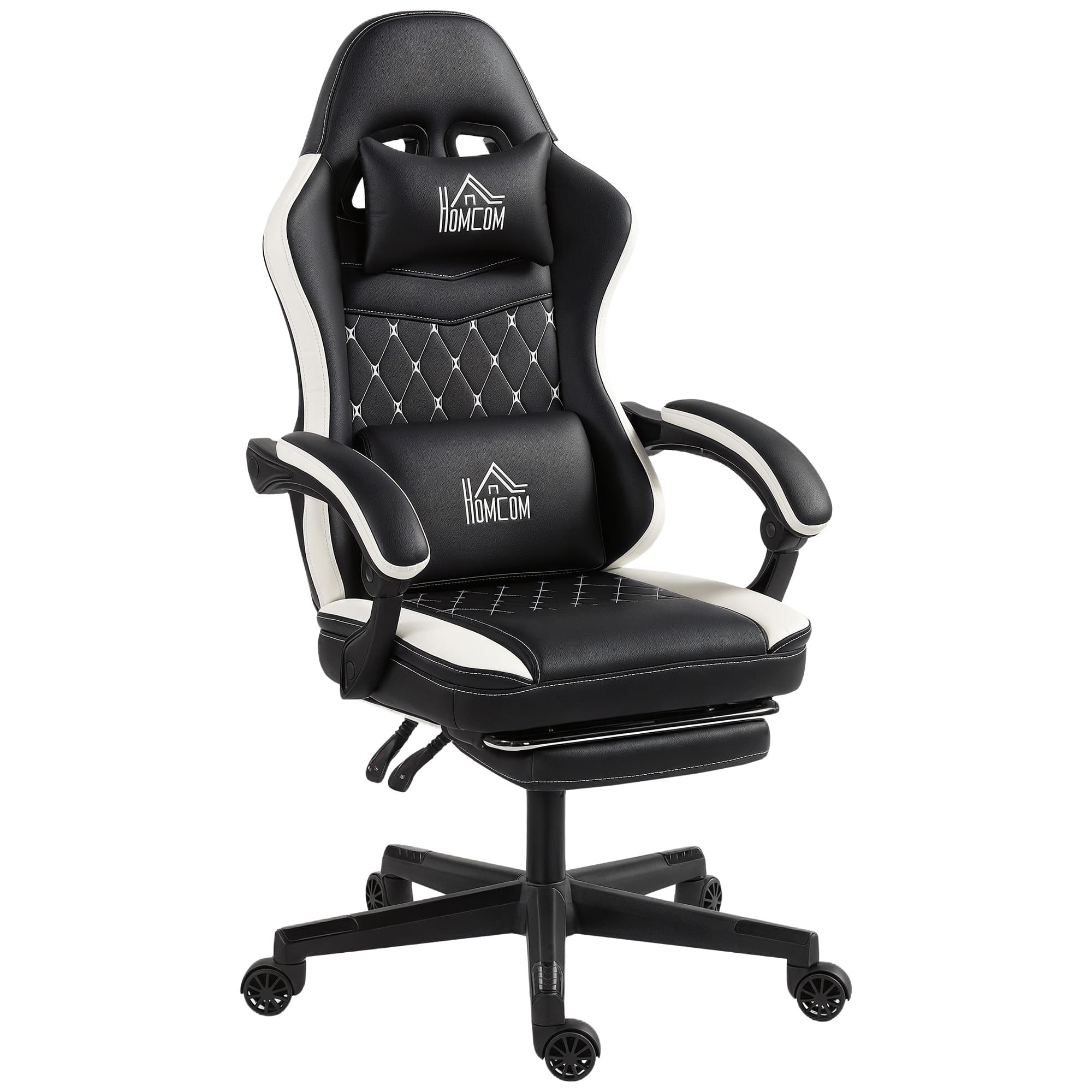 HOMCOM Chaise de jeu avec repose-pieds, chaise d'ordinateur avec coussin de tête & coussin, revêtement en similicuir, pivotante, réglable en hauteur, métal, plastique, noir+blanc