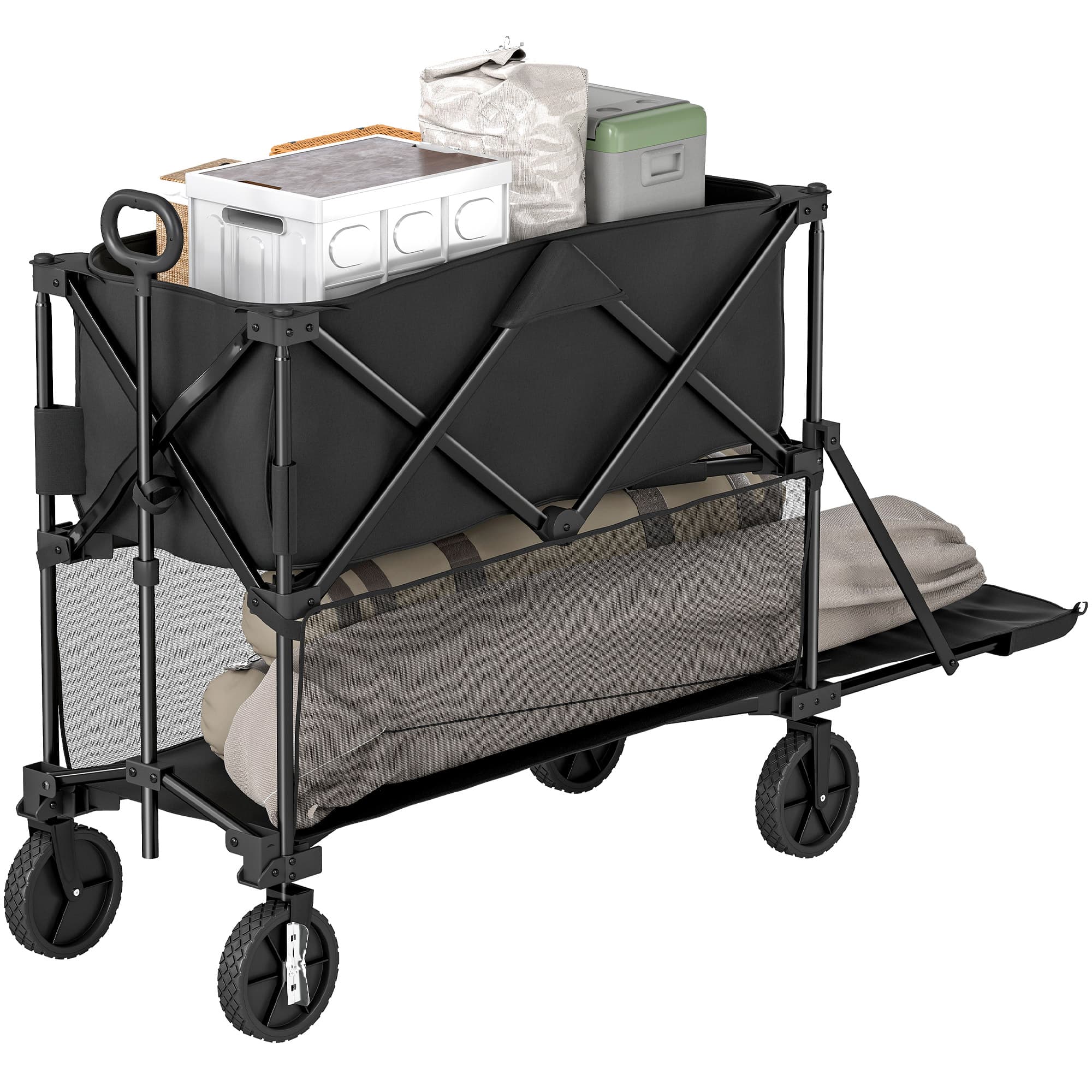 Outsunny Chariot de jardin pliable 369,5L chariot de transport de plage à 2 étages charge max 200 kg avec roues tout terrain noir