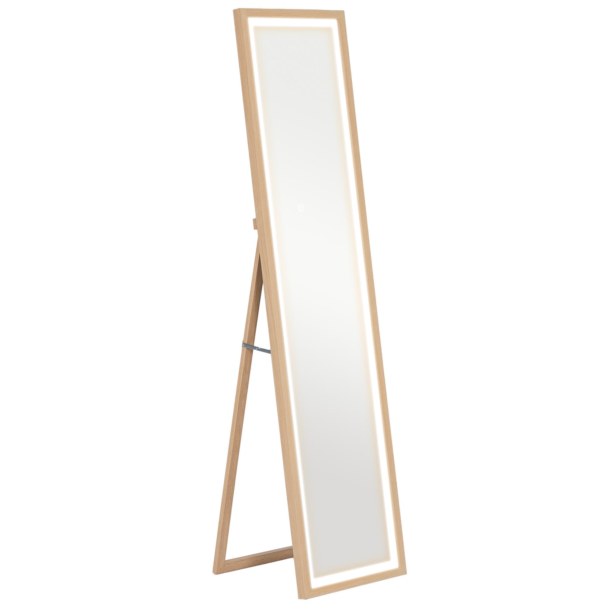 HOMCOM Grand miroir pleine longueur, miroir mural ou sur pied rectangulaire, 40 x 160 cm avec éclairage LED 3 couleurs, chêne