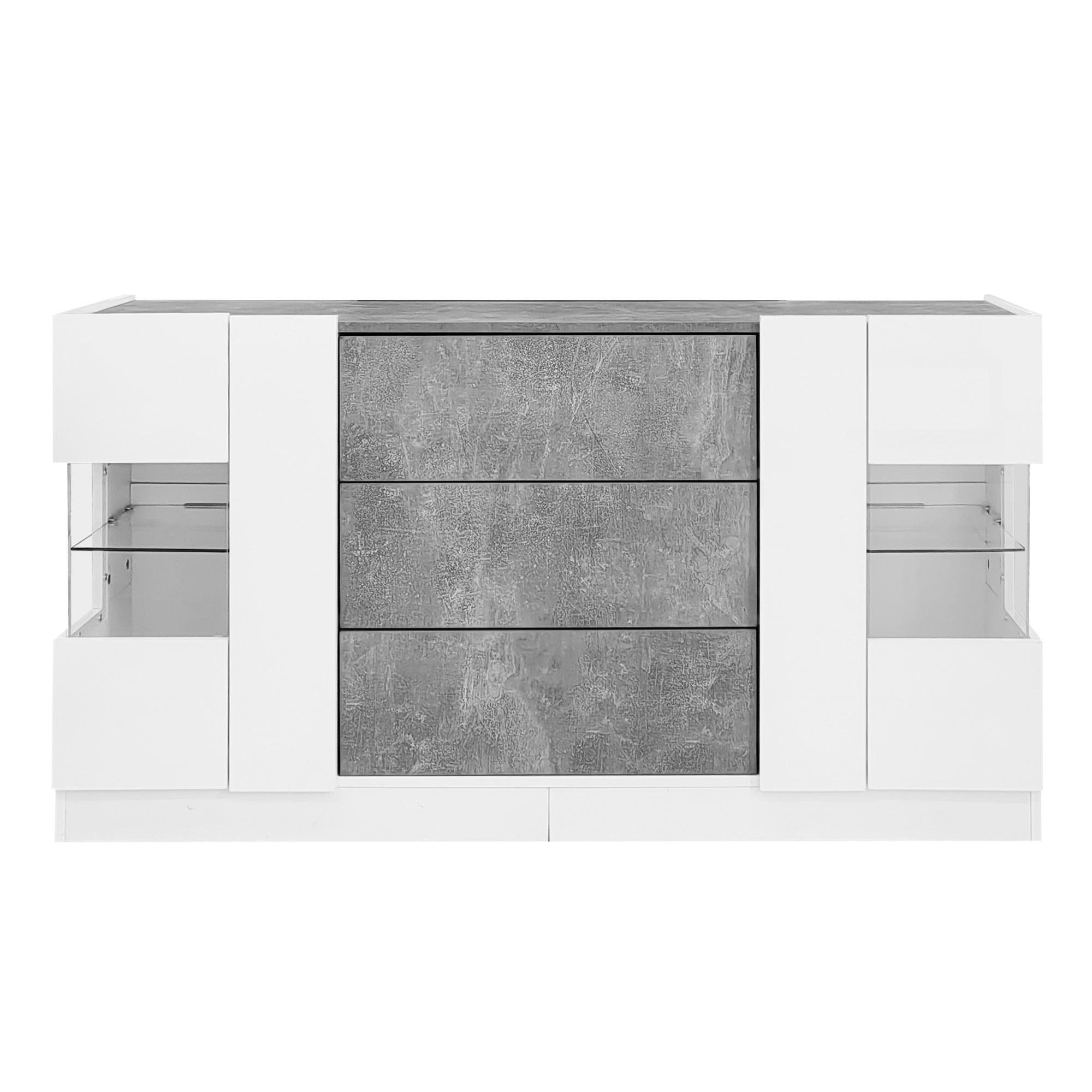Crédence cuisine Buffet 3 tiroirs avec éclairage LED, façades brillantes et aspect marbre, 140x35x75 cm, Blanc+Gris Aosom France