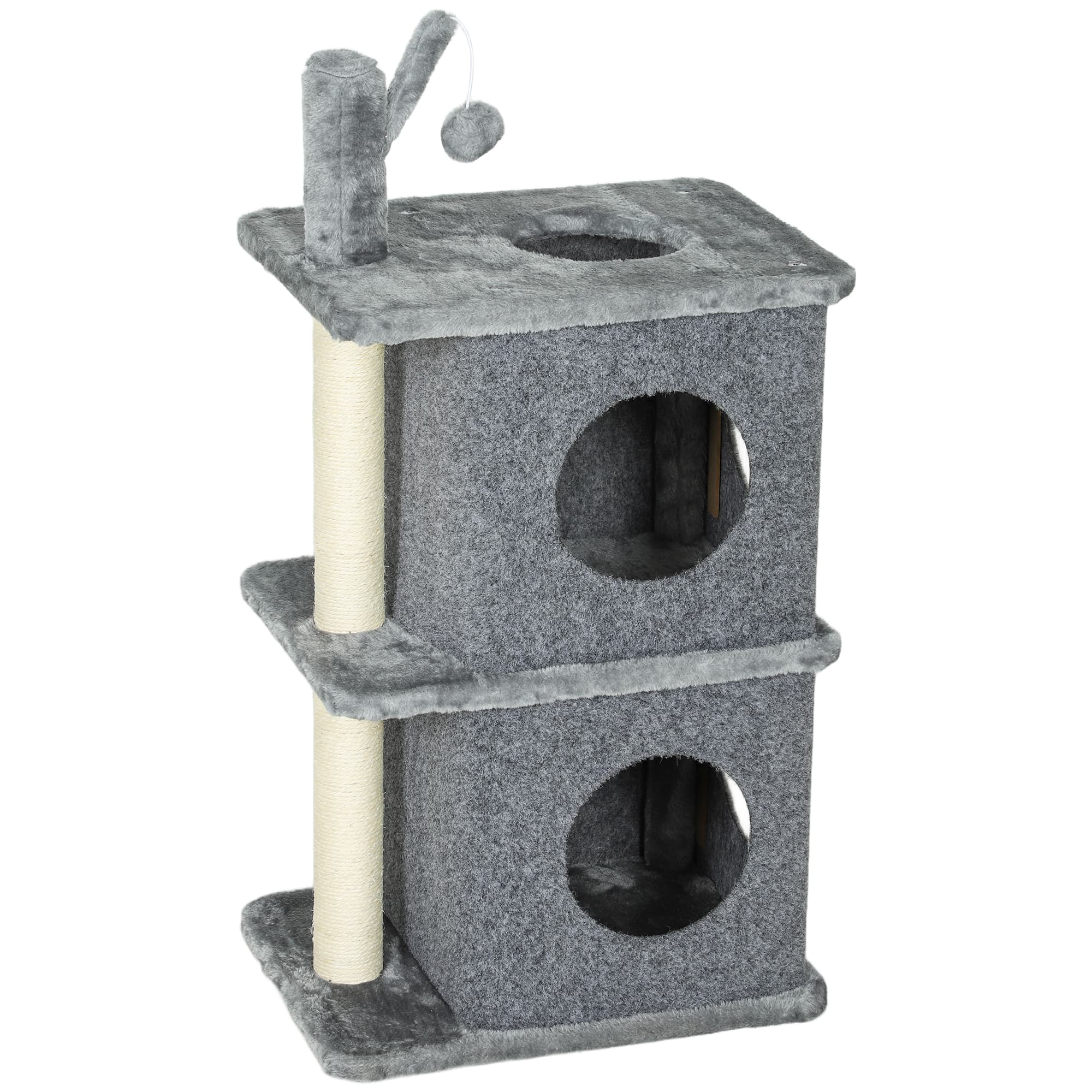 PawHut Arbre à chat à 3 niveaux tour pour chat 2 niches et surface de repos confortable, balle 43 x 33 x 80 cm gris foncé