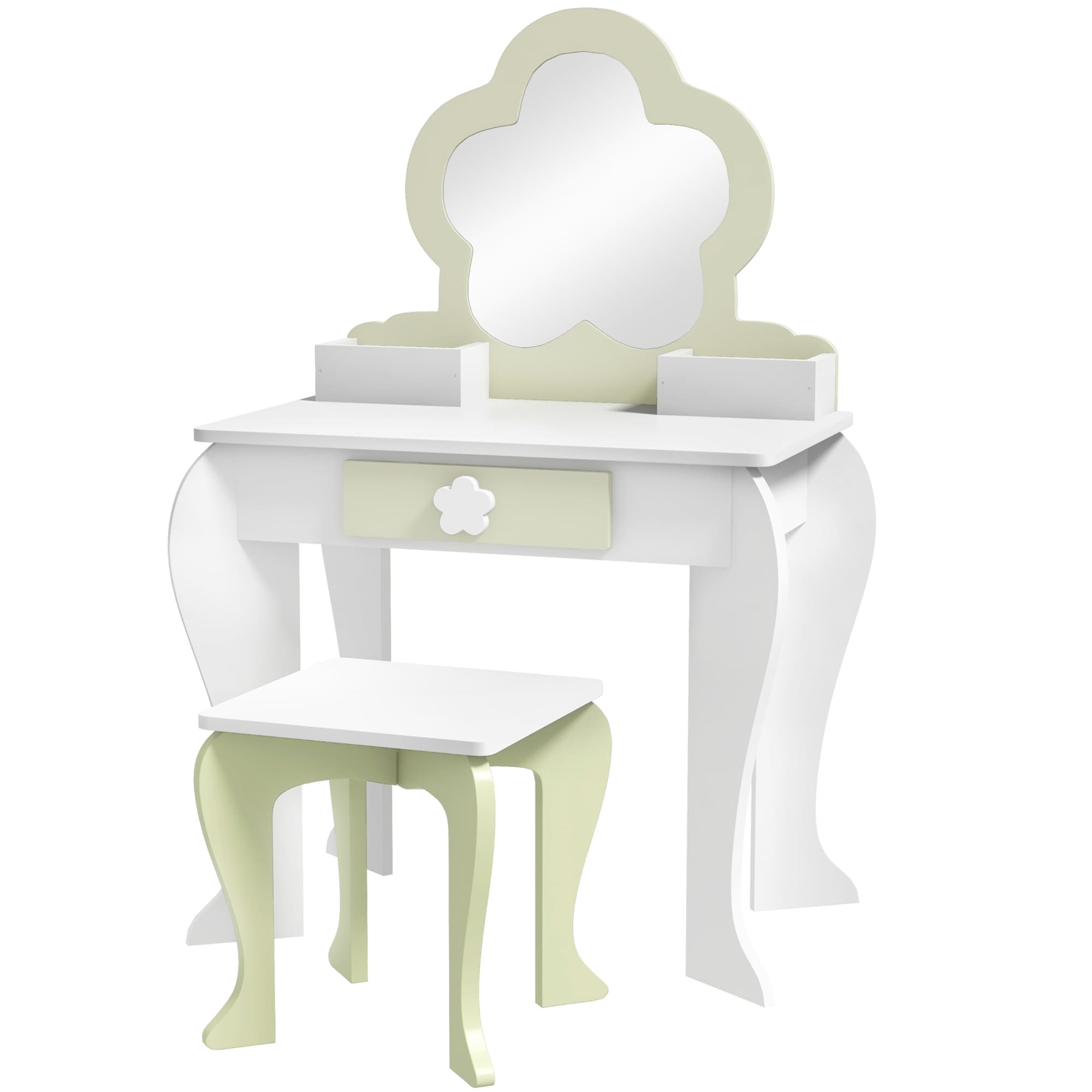 ZONEKIZ Ensemble Coiffeuse pour Fillette avec Miroir de Maquillage et Tabouret Assorti en Bois, Tiroir et Contenants, Blanc