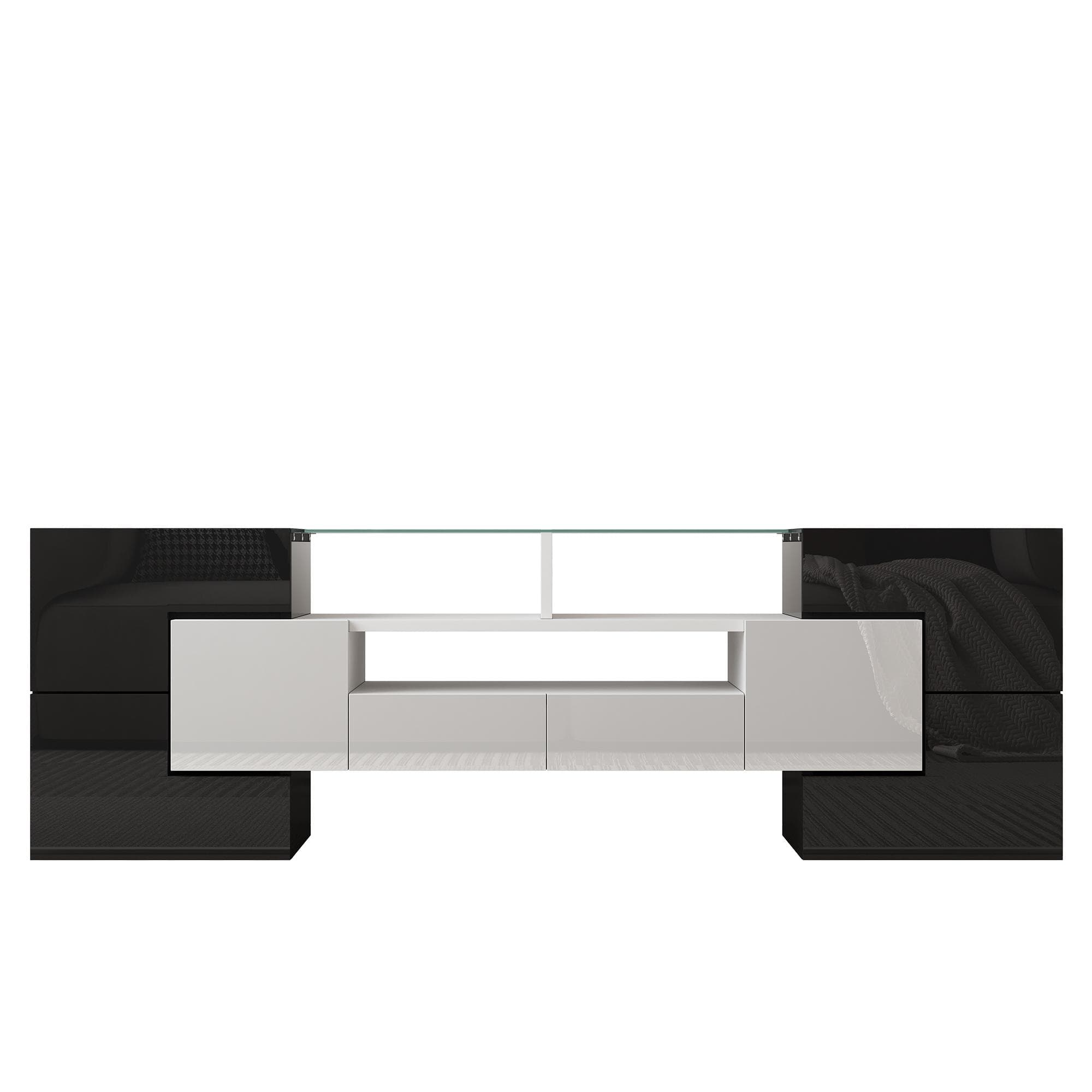 Meuble TV avec éclairage LED, surfaces en verre, avec 6 portes, 2 tiroirs et 3 compartiments, 145x30x51 cm, Blanc+Noir