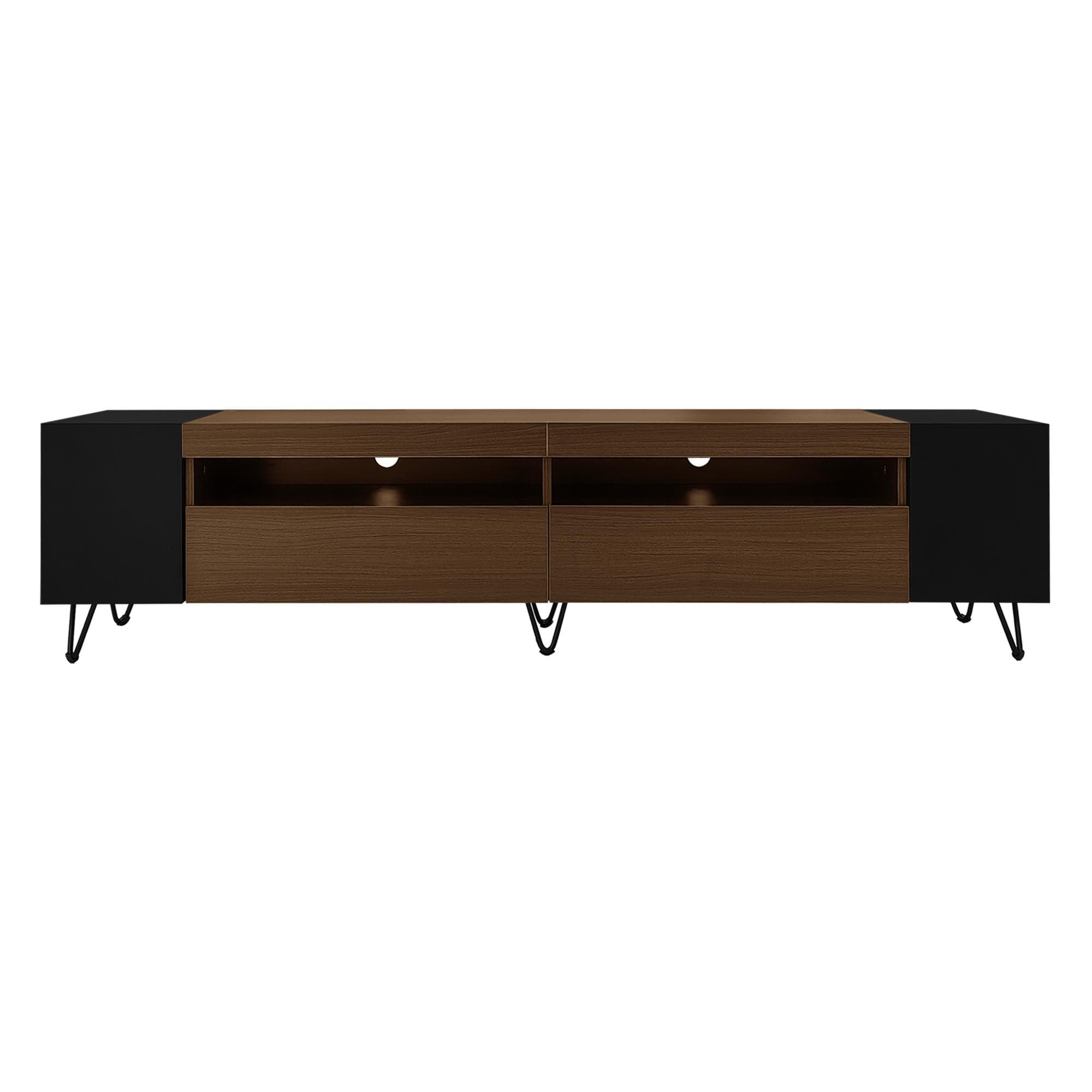 Meuble TV avec aspect bois, 2 compartiments ouverts, étagères latérales, 180x36x43 cm, Noir+Couleur naturelle