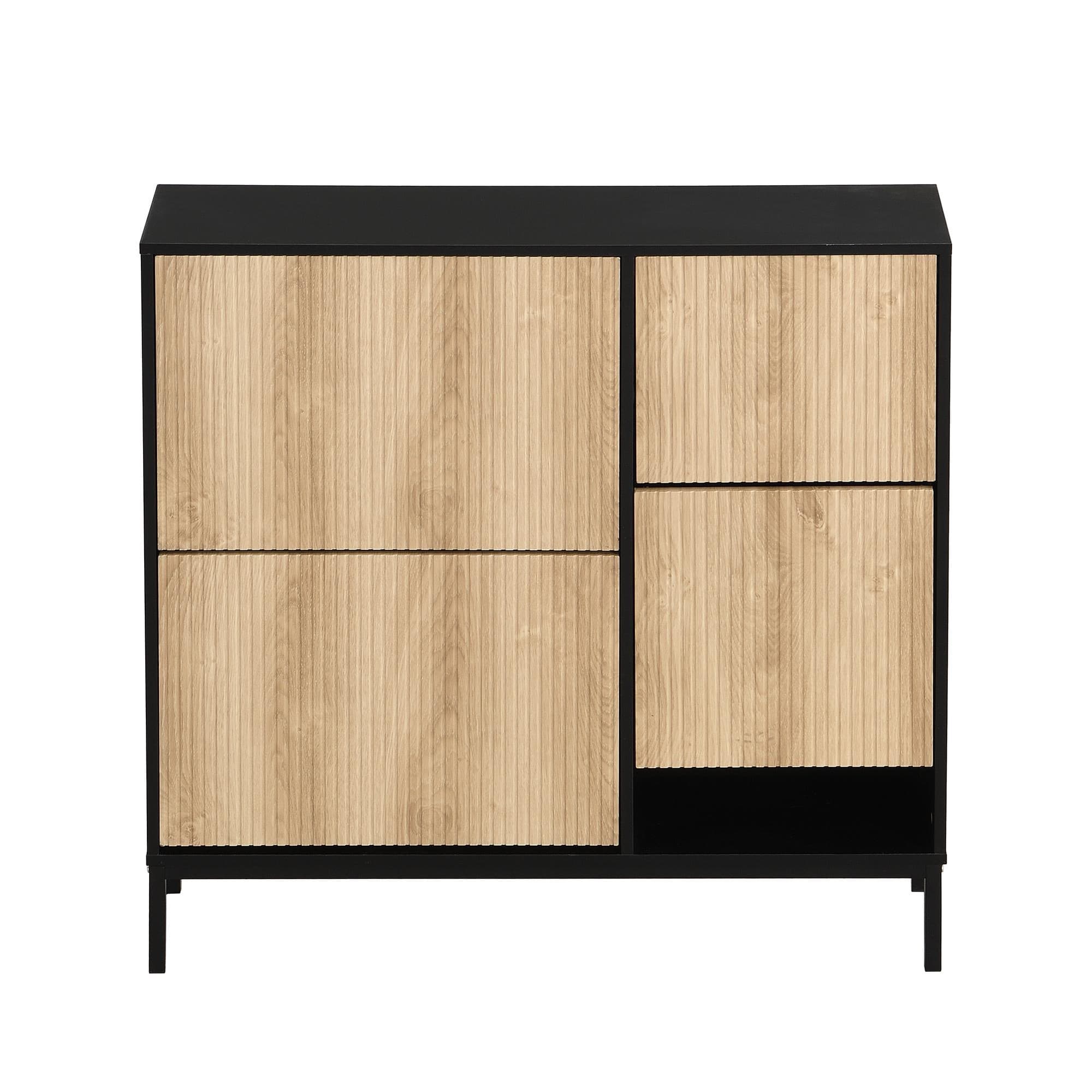 Armoire à chaussures avec tabouret de changement de chaussures, 3 abattants et étagères, 100x25x100 cm, Noir+Couleur naturelle
