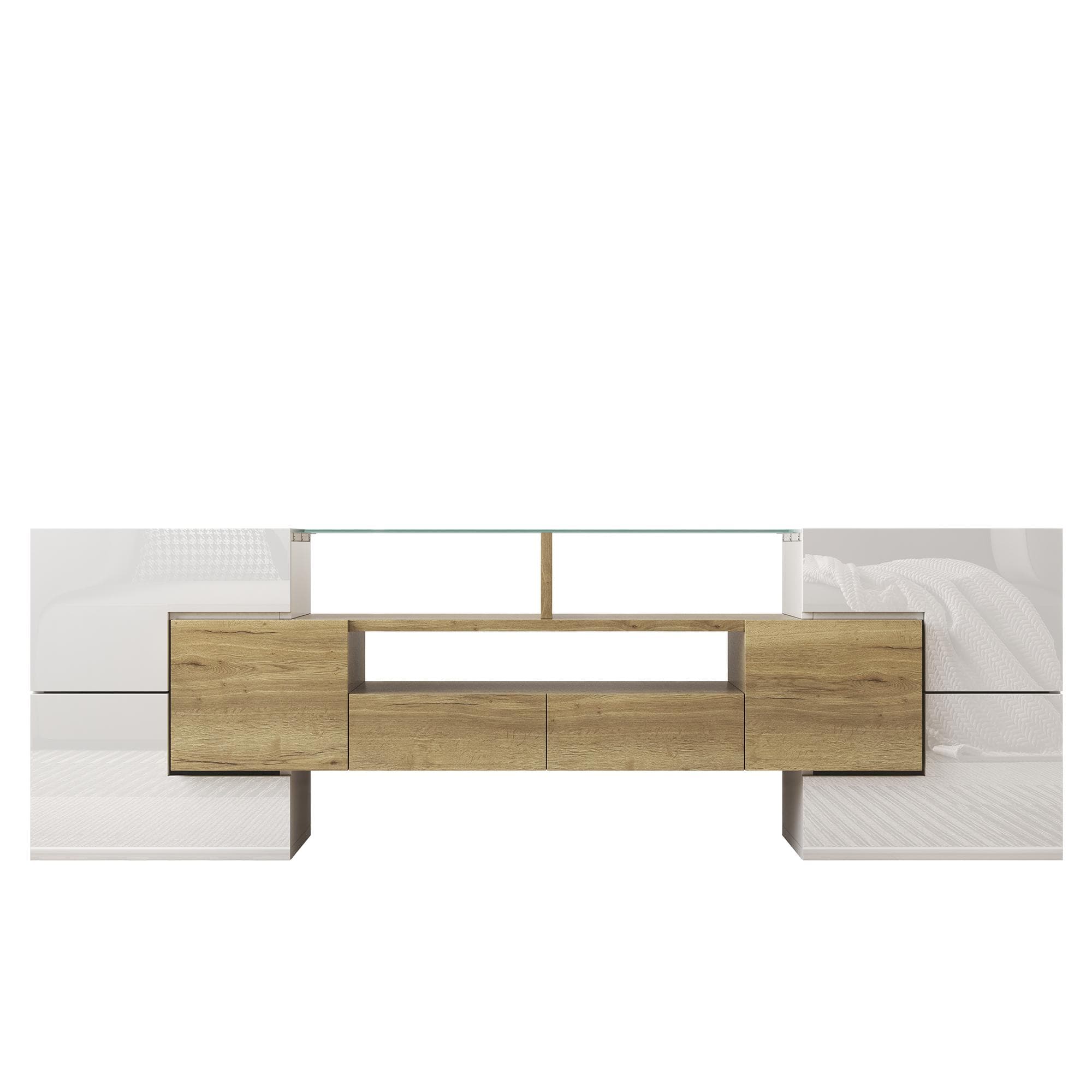 Meuble TV avec éclairage LED, surfaces en verre, avec 6 portes, 2 tiroirs et 3 compartiments, 145x30x51 cm, Blanc+Or