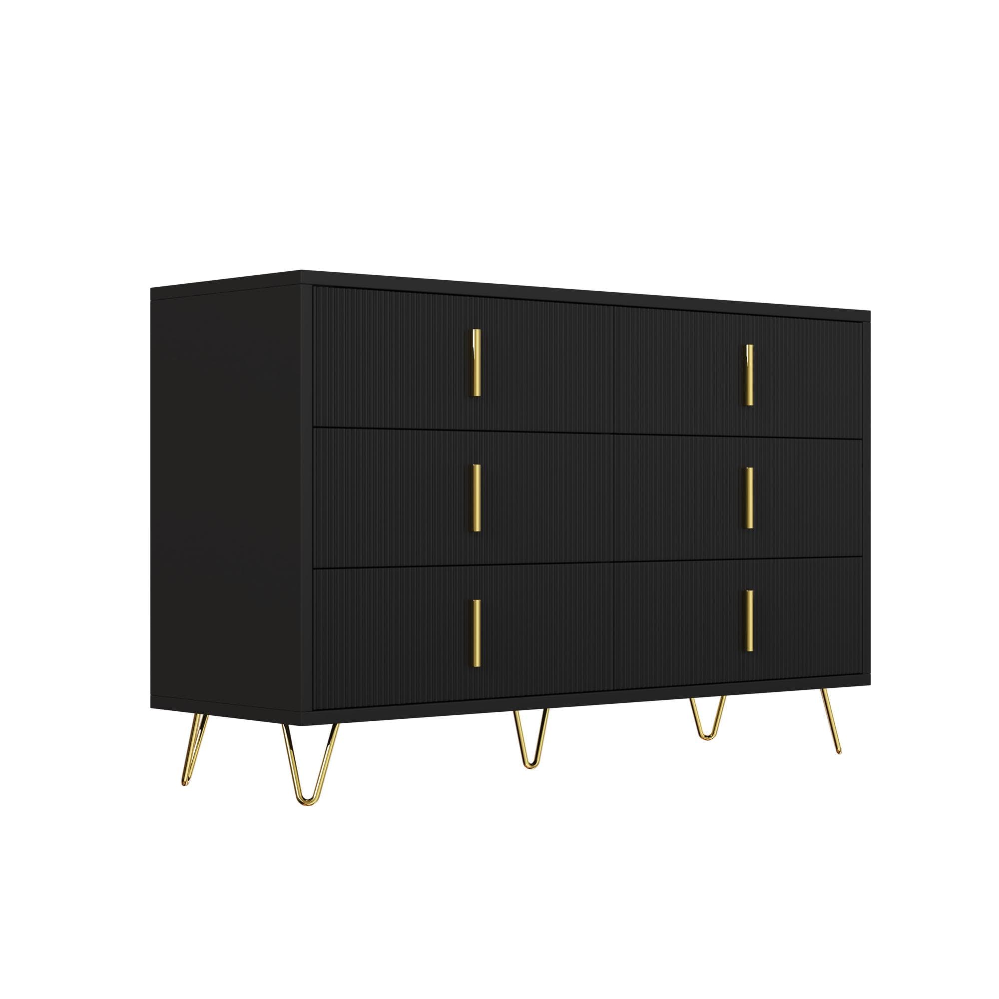 Buffet moderne, Commode 6 tiroirs, poignées et pieds dorés, texture ondulée, 120x40x77 cm, Noir+Or Aosom France
