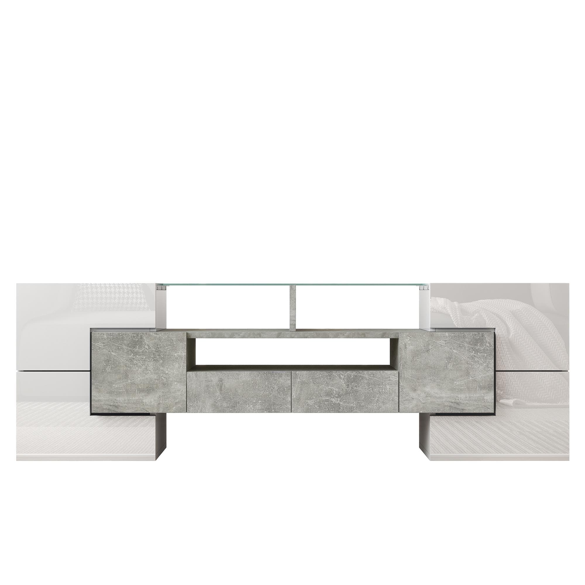 Meuble TV avec éclairage LED, surfaces en verre, avec 6 portes, 2 tiroirs et 3 compartiments, 145x30x51 cm, Blanc