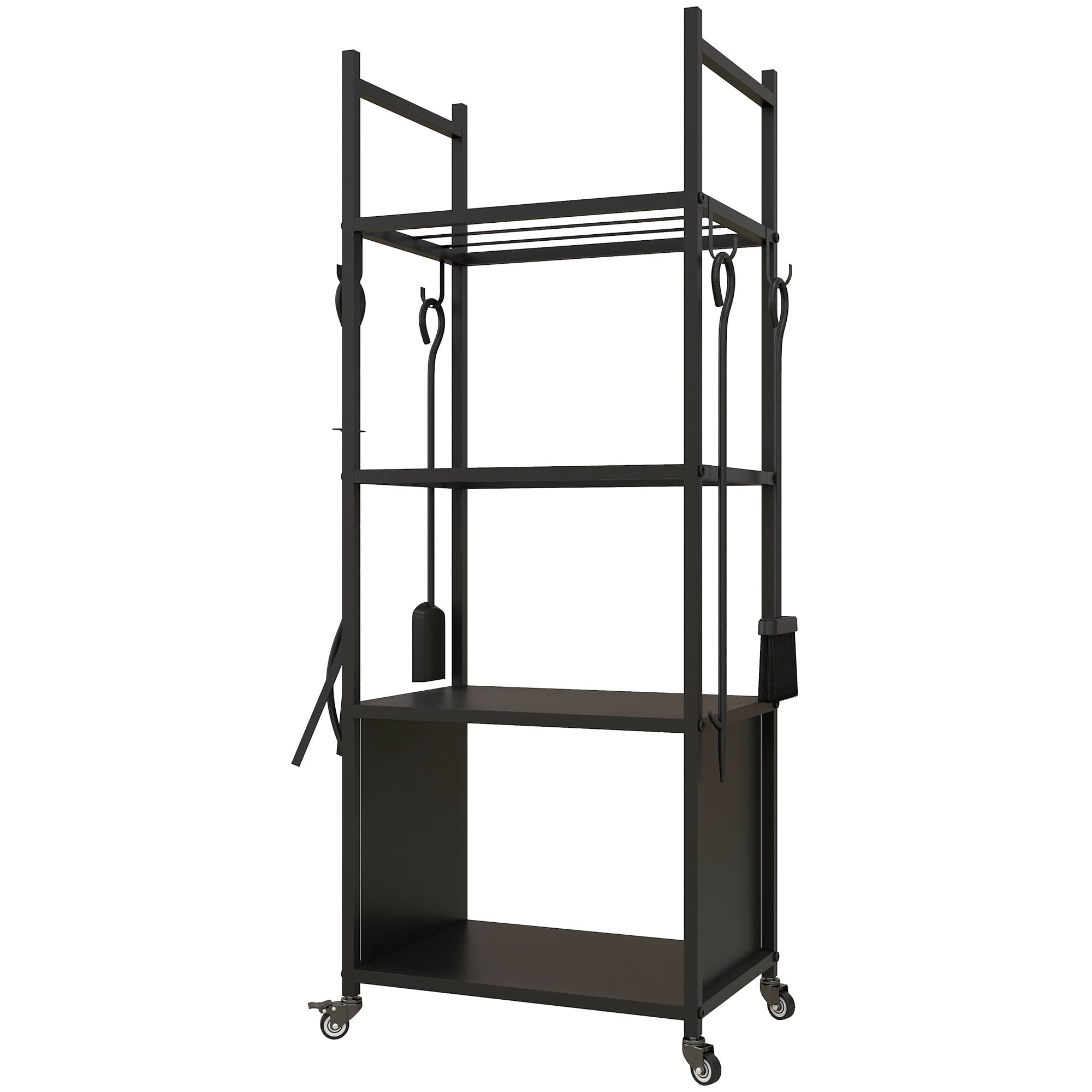 Outsunny Chariot range bûches intérieur, porte-bûches roulettes, 4 outils de cheminée, 4 étagères, métal, 45 x 30 x 118 cm, noir