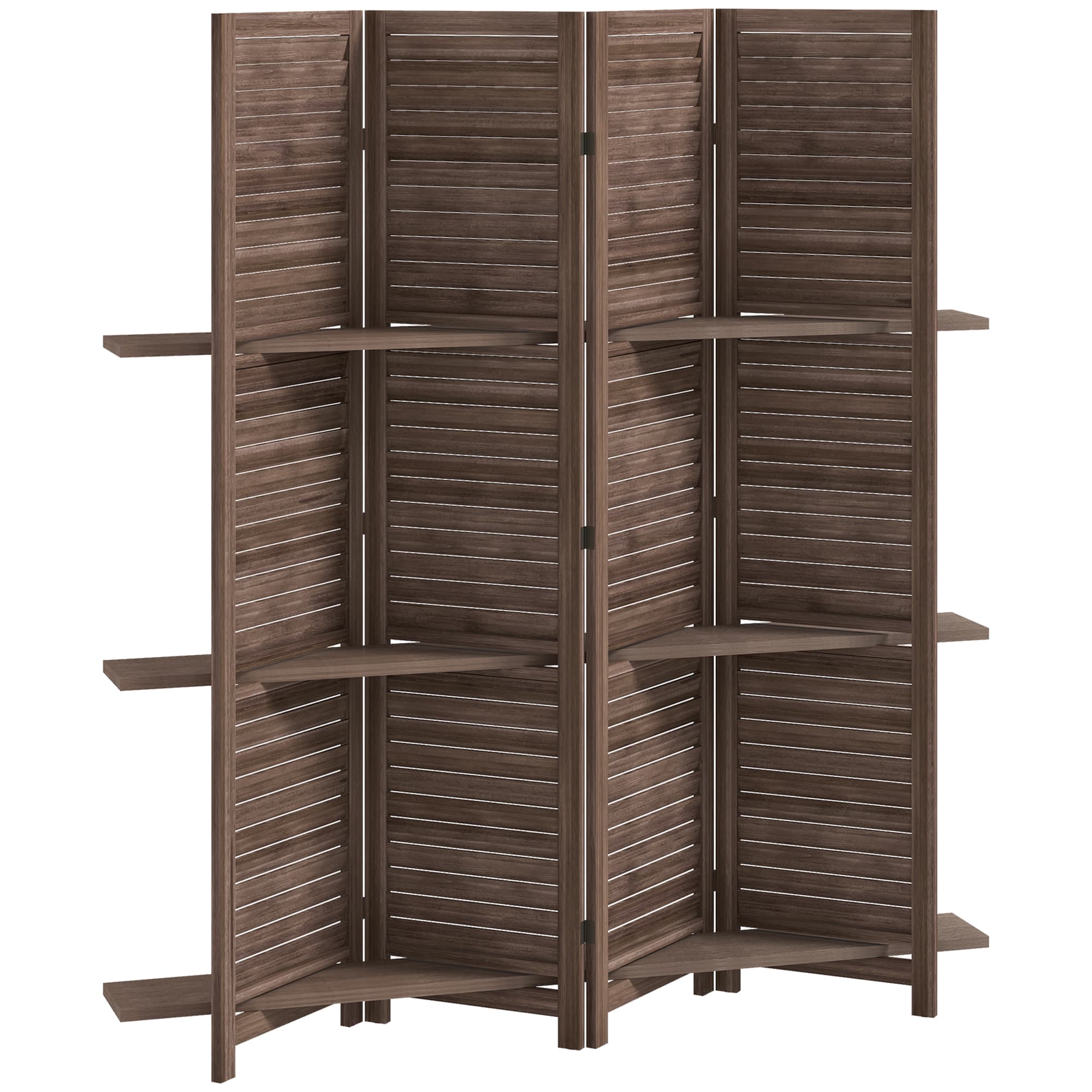 HOMCOM Paravent intérieur en bois 4 panneaux 160 x 170 cm, séparateur de pièce pliable avec 3 étagères, noyer