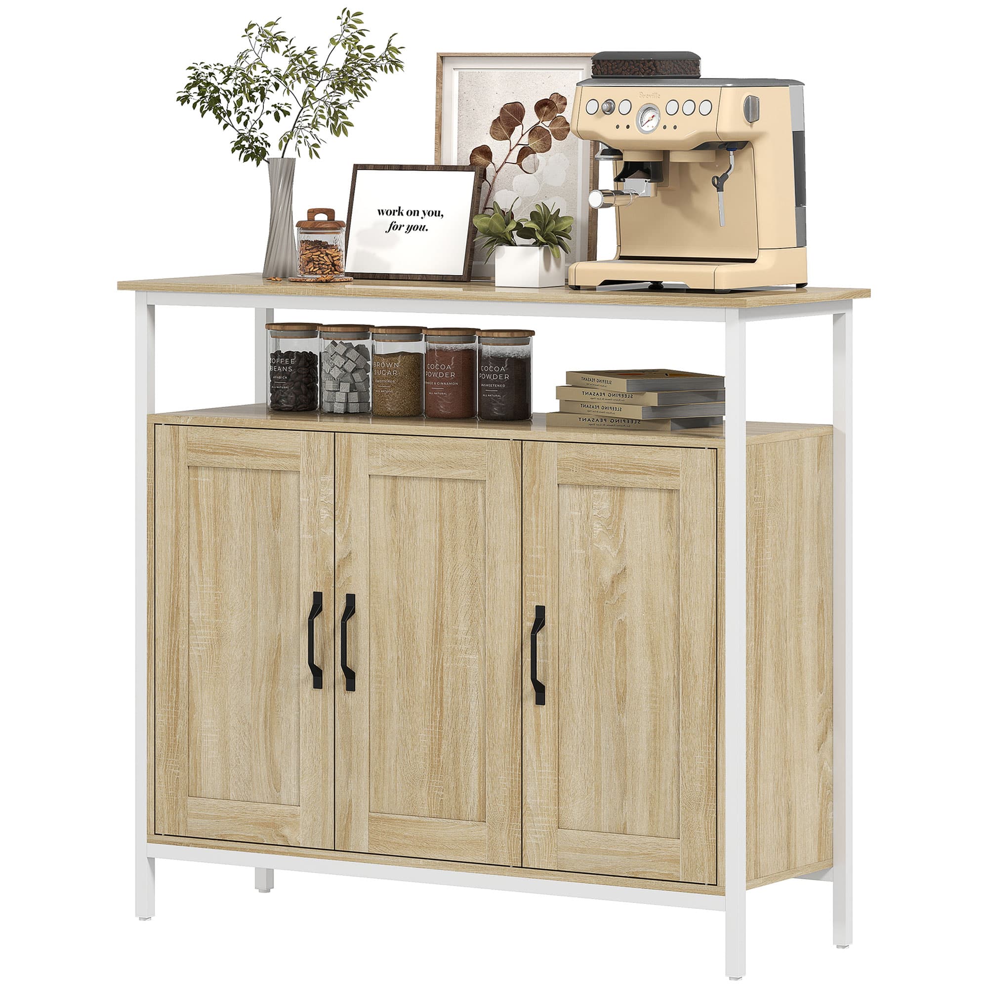 HOMCOM Buffet, meuble de rangement avec 3 portes, compartiment ouvert et 4 étagères réglables, 100 x 35 x 88 cm, bois naturel