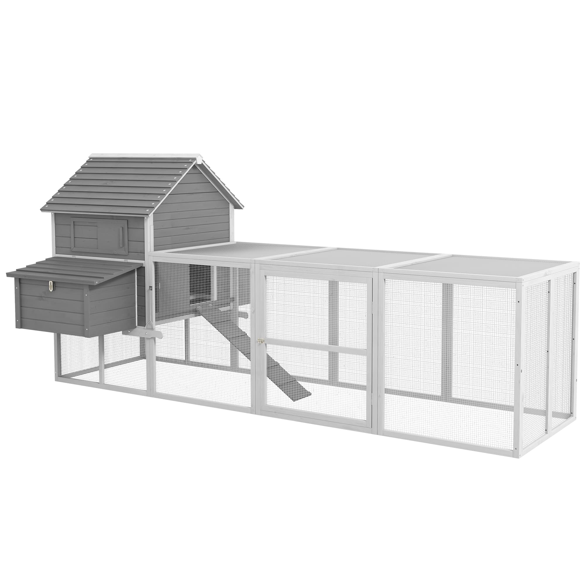 PawHut Grand poulailler en bois 2 nichoirs porte verrouillable rampe d'accès et plateau coulissant 310,5 x 149,5 x 149 cm gris