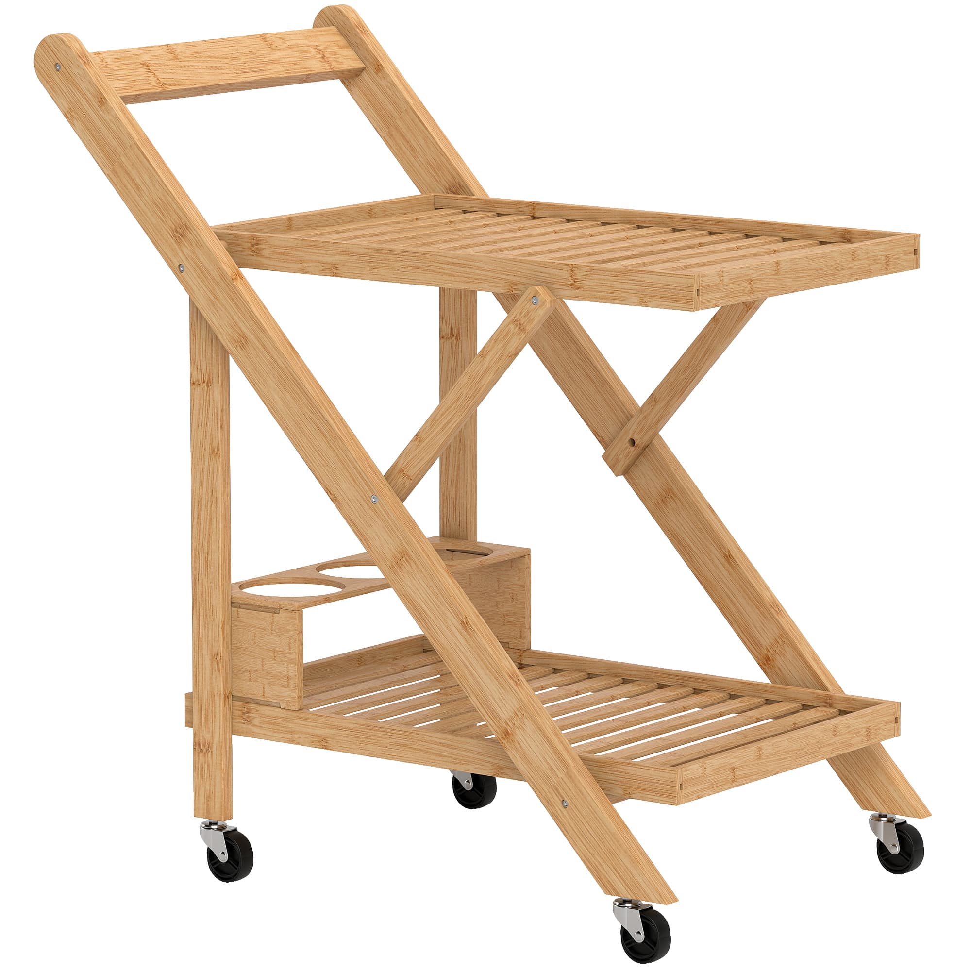 HOMCOM Desserte de cuisine en bambou chariot de service pliable 2 plateaux 4 roues 3 casiers à vin 66 x 40 x 70 cm bois naturel