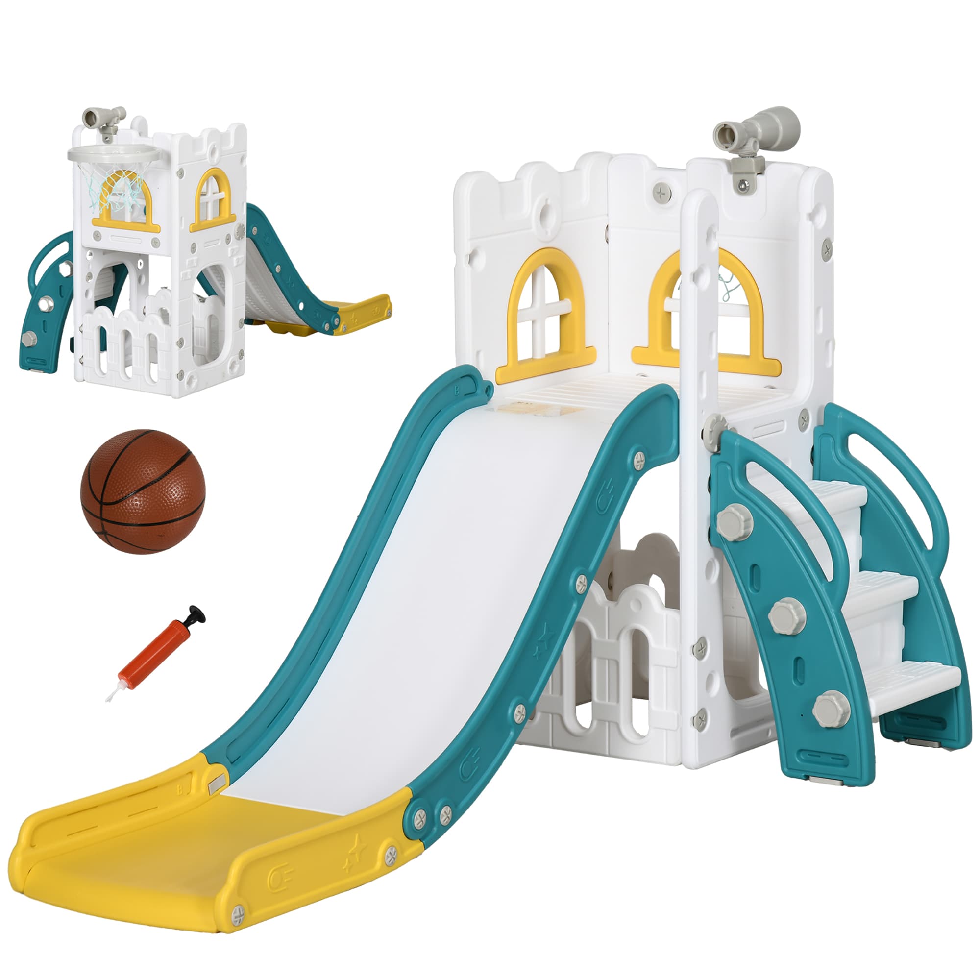 AIYAPLAY Toboggan pour enfants 4 en 1 avec panier de basket, escalade, télescope, panier de rangement, blanc et vert