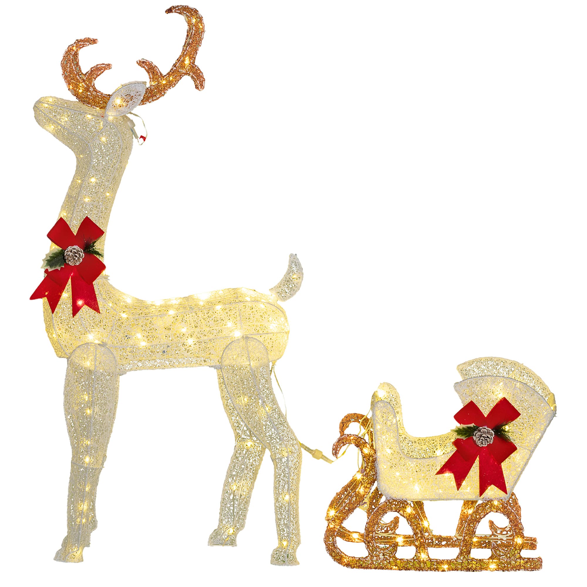 Outsunny Renne et traîneau lumineux de Noël avec 170 LED blanc chaud, décoration de Noël pour intérieur et extérieur, 50x29x42cm