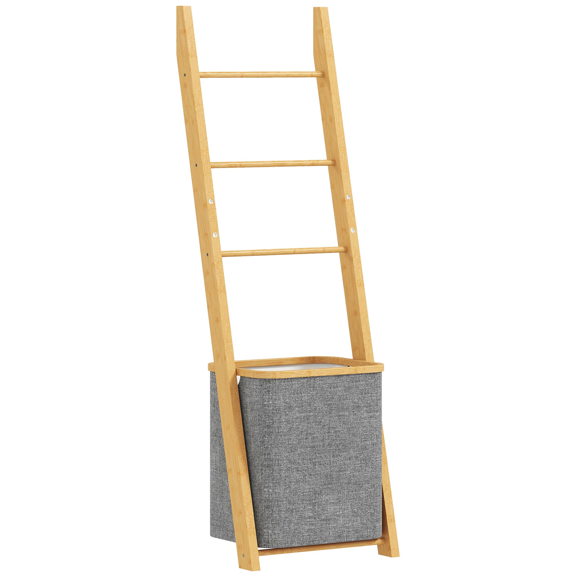 HOMCOM Porte-serviettes bambou avec panier à linge, échelle porte-serviettes avec 1 panier à linge, 43 x 35 x 133 cm, gris