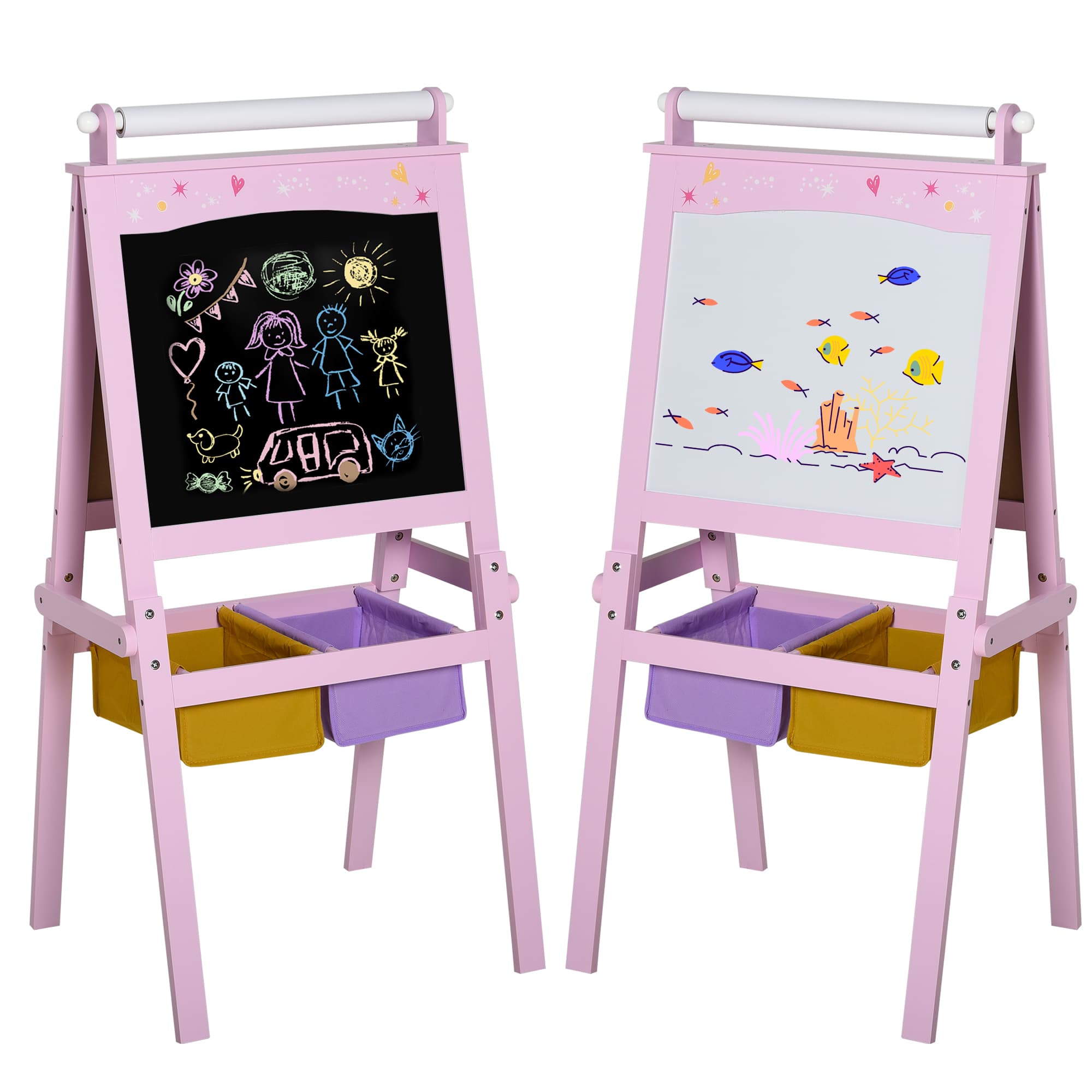 HOMCOM Tableau Enfant chevalet Enfant Ardoise Double Face Tableau Blanc Tableau à Craie Rouleau Papier + paniers Rangement intégrés - MDF Rose