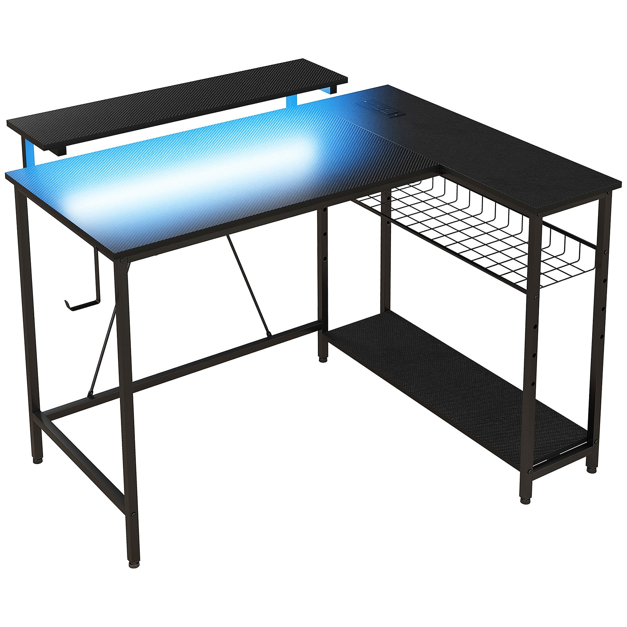 HOMCOM Bureau d'angle réversible, bureau d'ordinateur avec LED, 2 prises et 2 ports USB et panier réglable, 107x80x90cm, noir