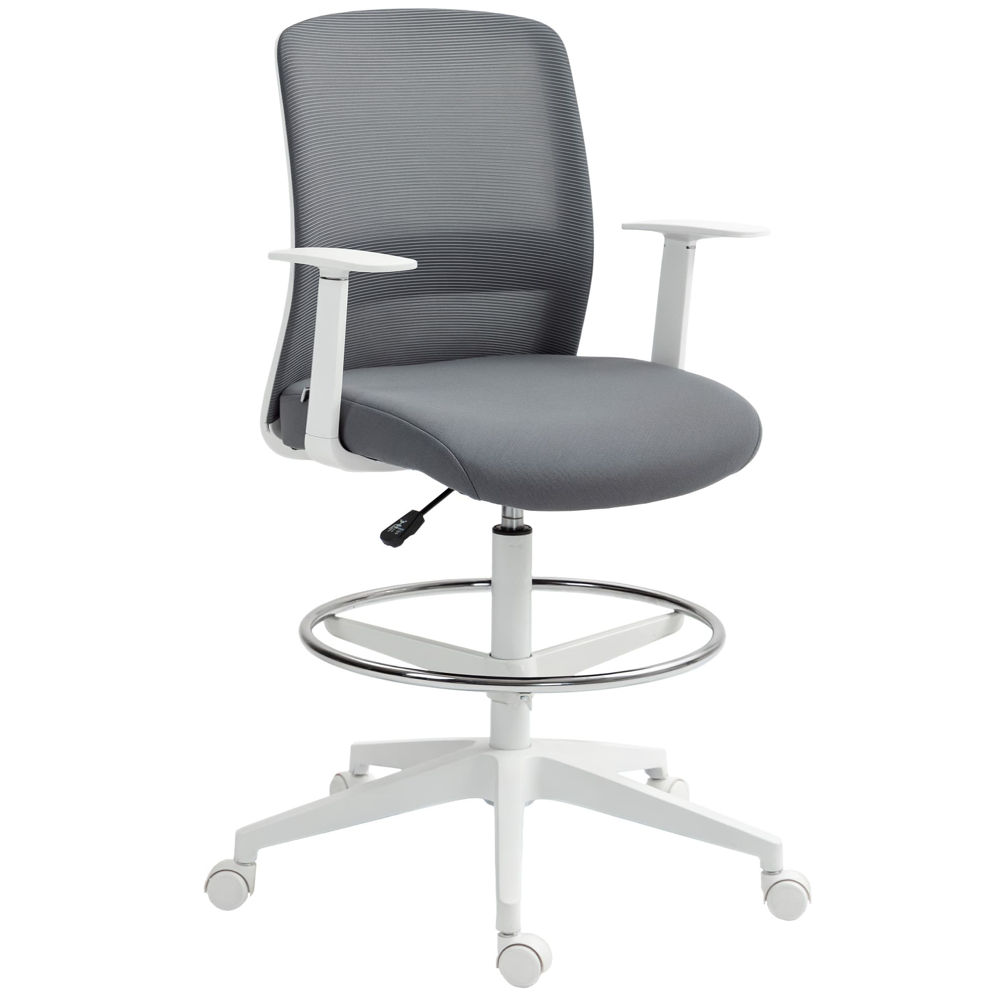 HOMCOM Chaise de Dessin Pivotante en Maille avec Repose-Pieds Support Lombaire Dossier et Hauteur Ajustable 61,5x57,5x107-121 cm Gris
