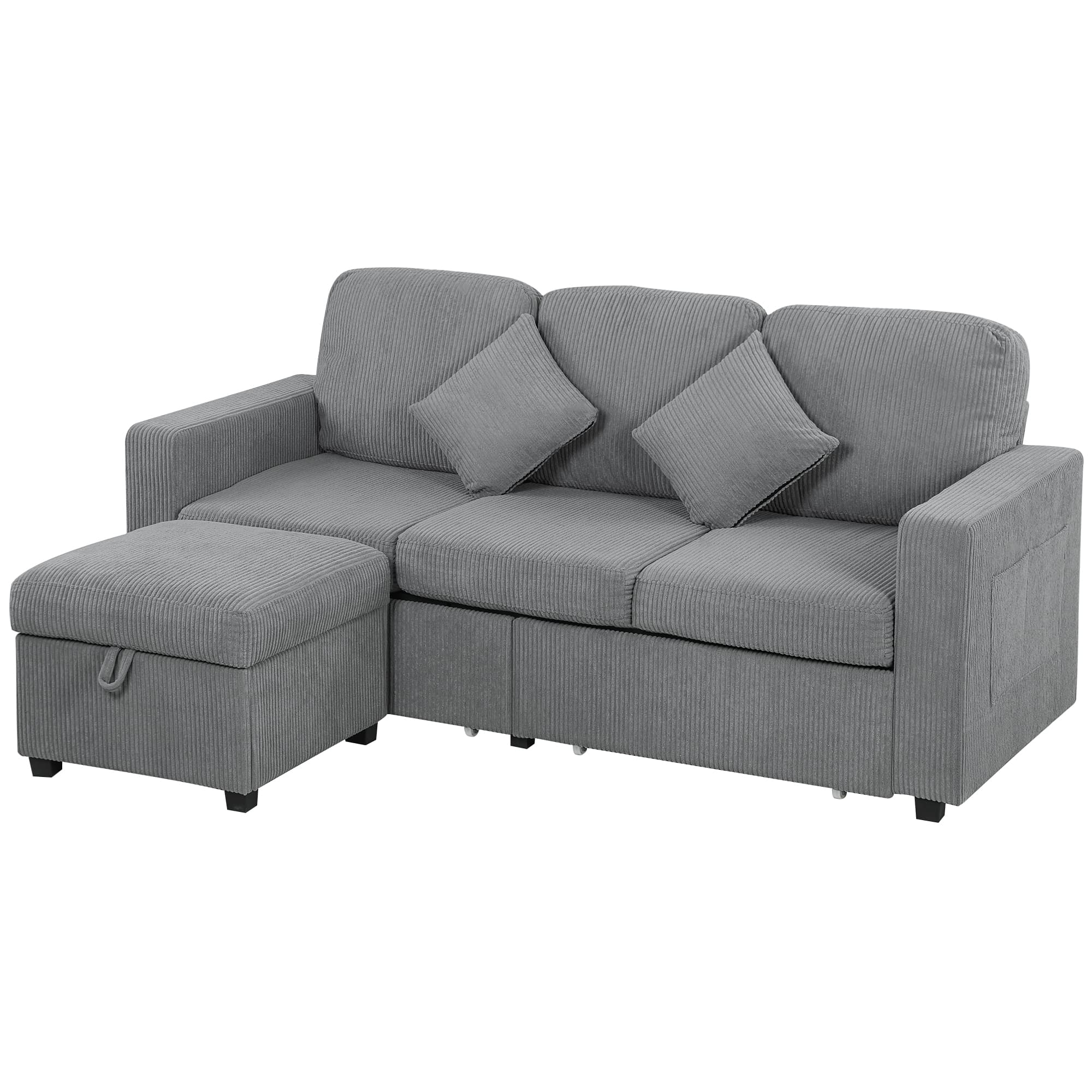 HOMCOM Canapé 3 Places Modulaire avec Pouf Coffre en Velours Côtelé, 196x139x85 cm, Gris Clair