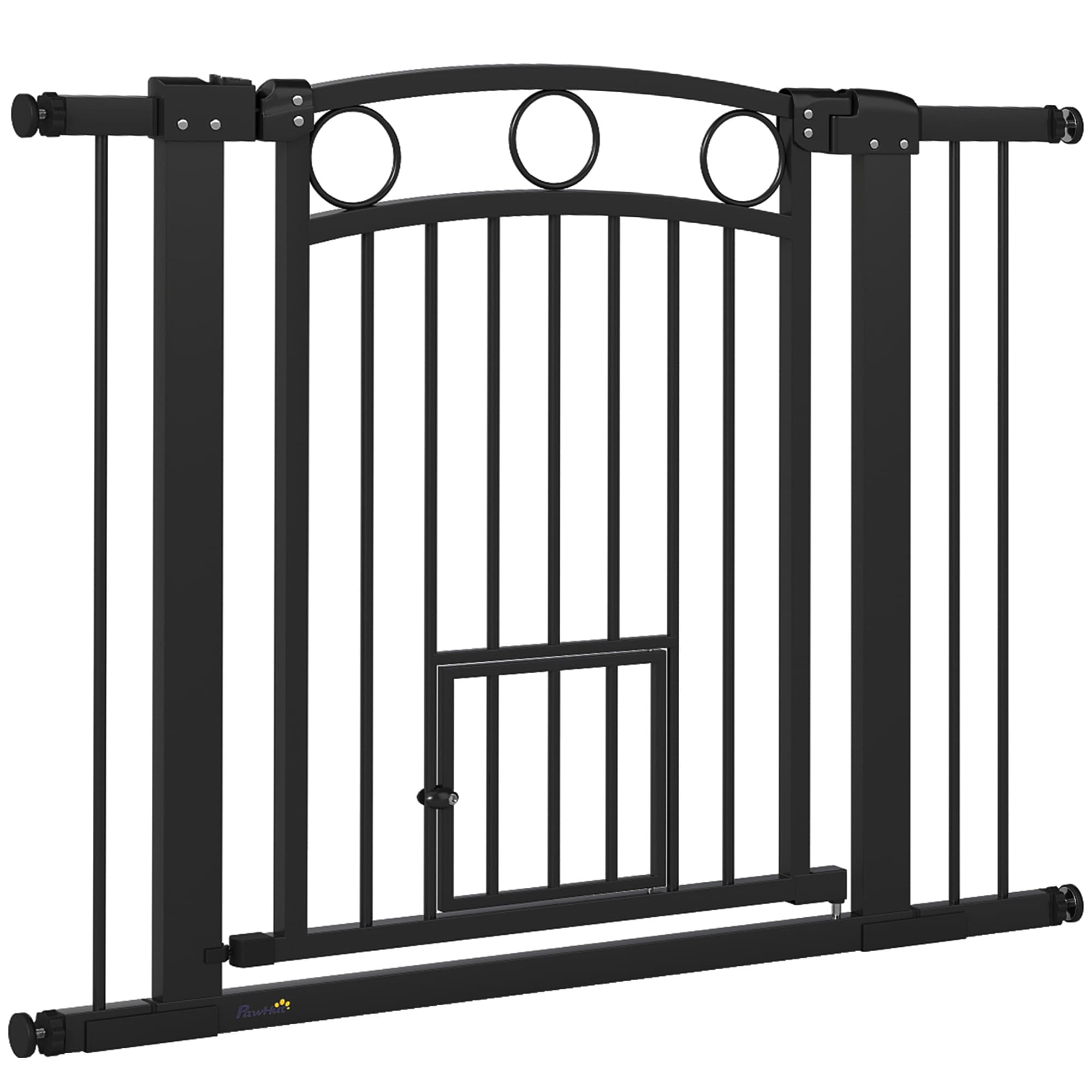 PawHut Barrière pour Animaux, 77 cm Portillon d'Escalier, Largeur Ajustable 76-104 cm, avec Porte pour Chats, pour Escaliers et Ouvertures de Portes, Noir