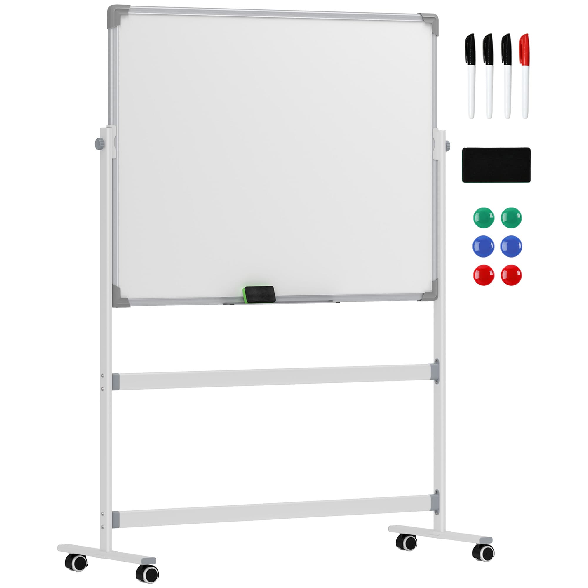 HOMCOM Tableau blanc magnétique double face effacable rotatif mobile avec support, aimants, marqueurs, gomme et roulettes