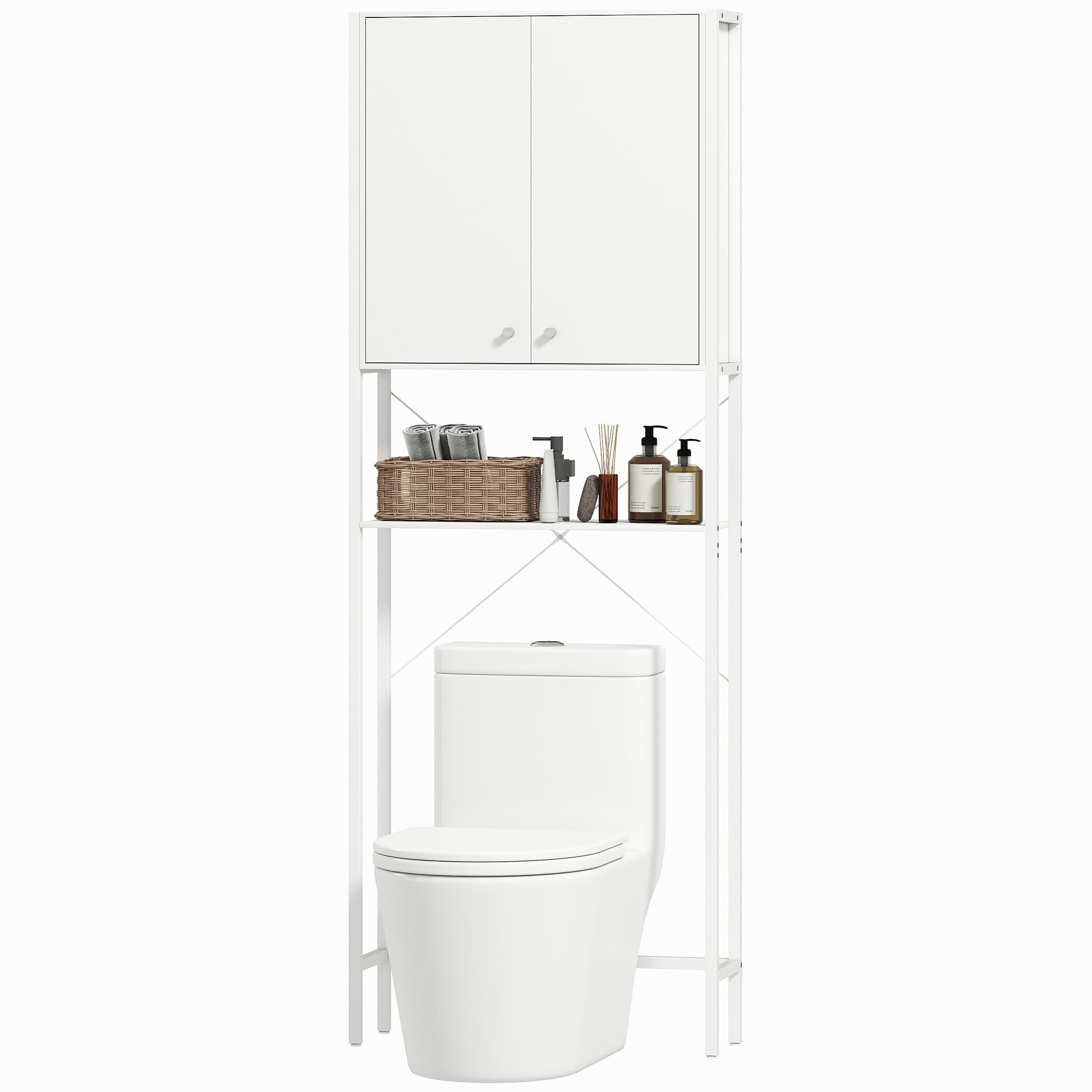 HOMCOM Meuble Salle de Bain au-dessus des WC et Machine à Laver avec Placard et Étagère Ouverte, 64x20x180 cm, Blanc