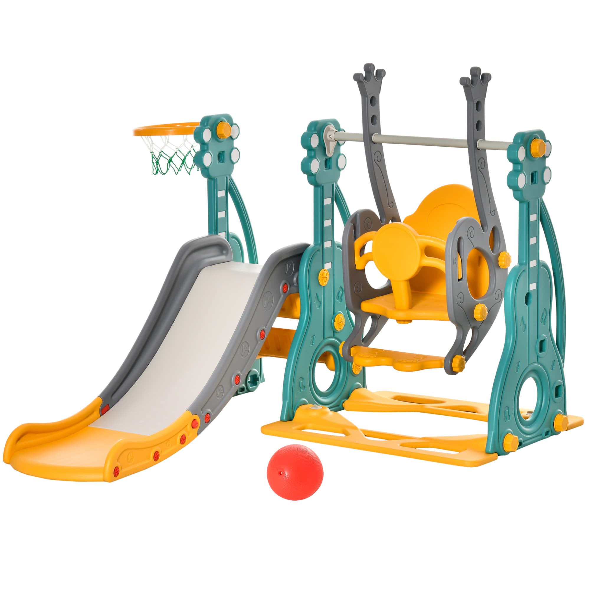 HOMCOM Toboggan et balançoire pour enfants 4 en 1 avec panier de basket, siège réglable, 152x149x107cm, bleu et jaune