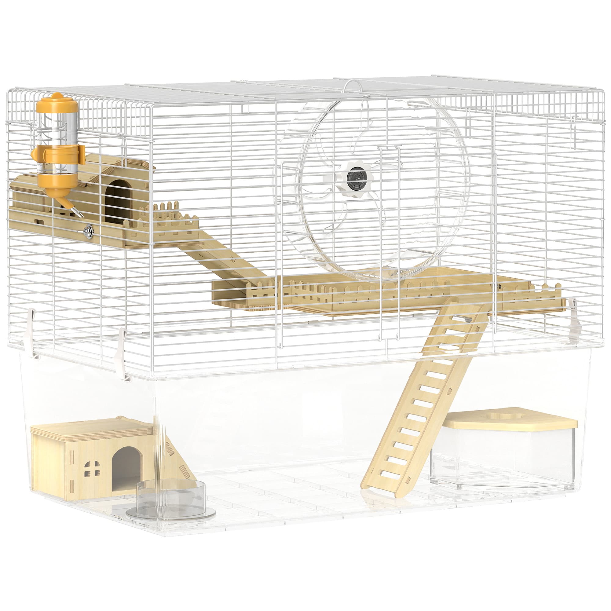 PawHut Cage à hamster à 3 niveaux, cage rongeur avec roue d'exercice, plateau profond transparent, 59 x 35,5 x 47 cm, blanc