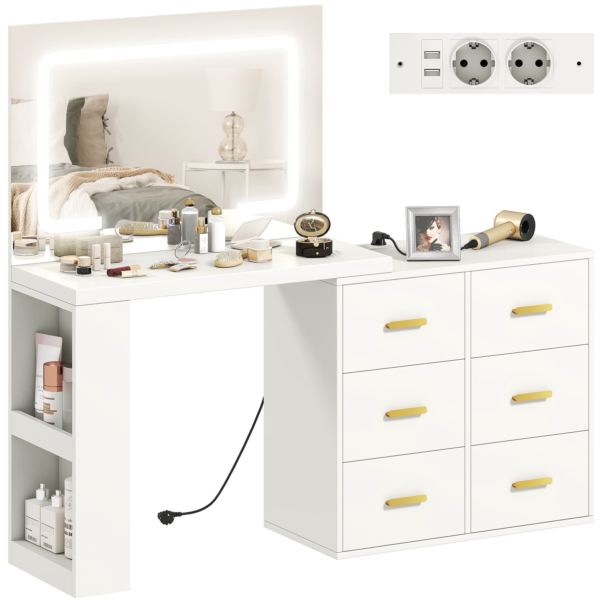 HOMCOM Coiffeuse avec miroir LED ajustable, prises, 6 tiroirs, 2 étagères ouvertes, Blanc